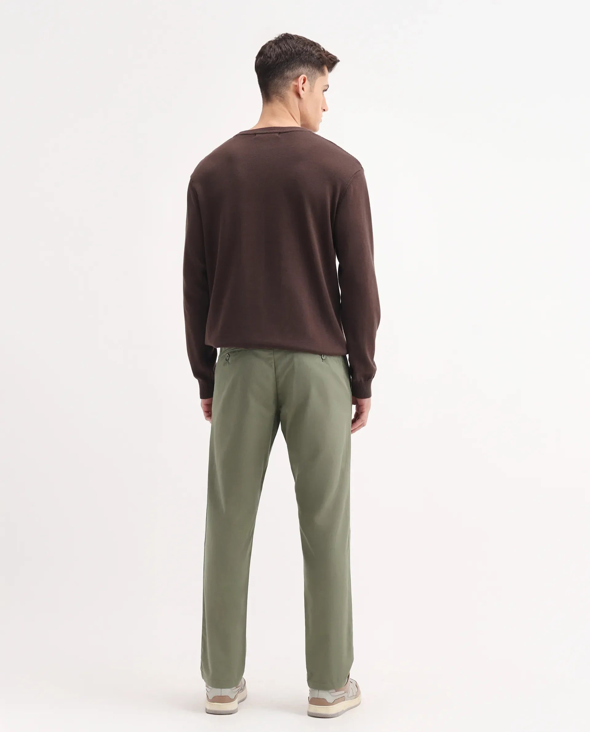 Rare Rabbit Men's Ebert Olive Cotton Plain Regular Fit Trouser