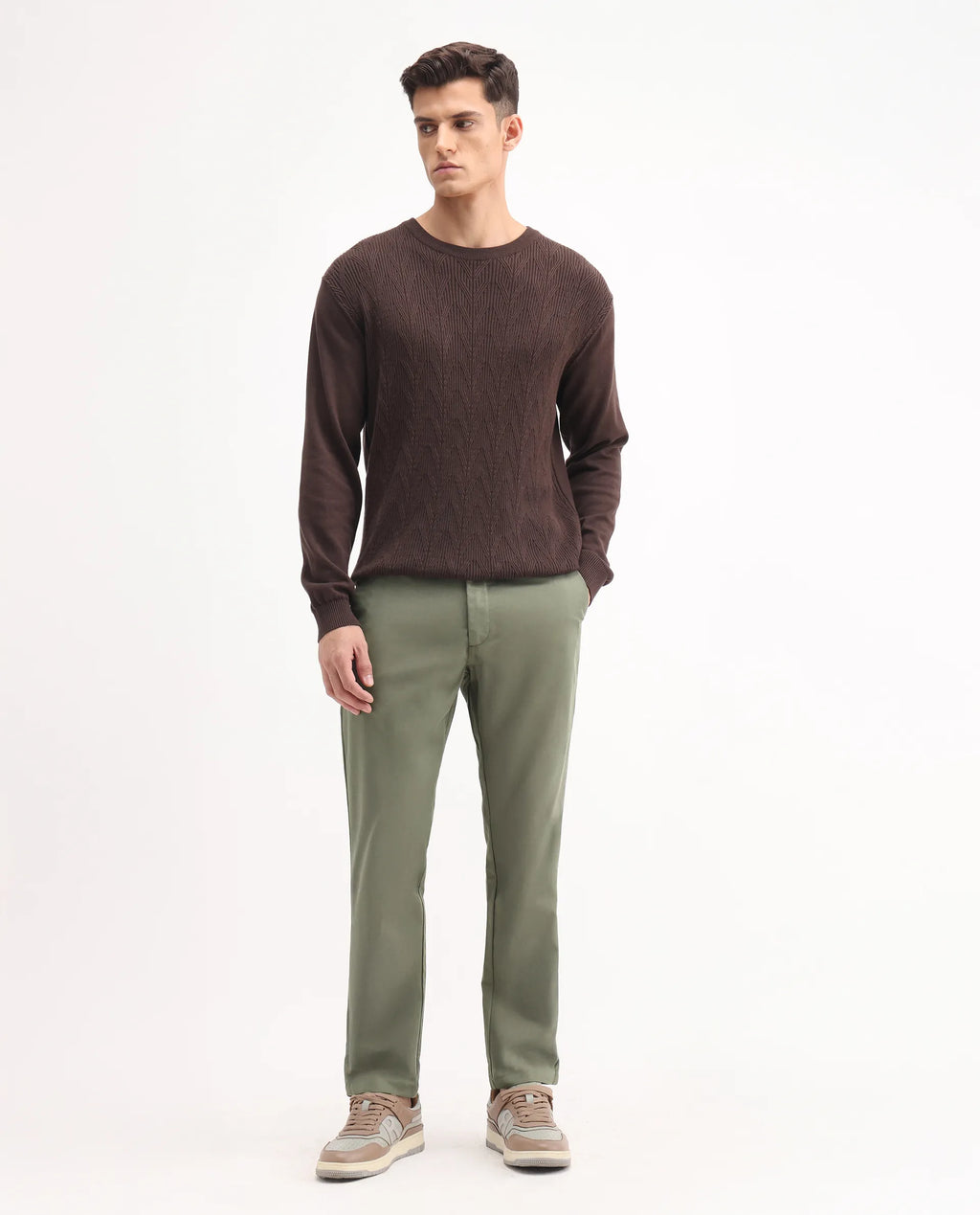 Rare Rabbit Men's Ebert Olive Cotton Plain Regular Fit Trouser