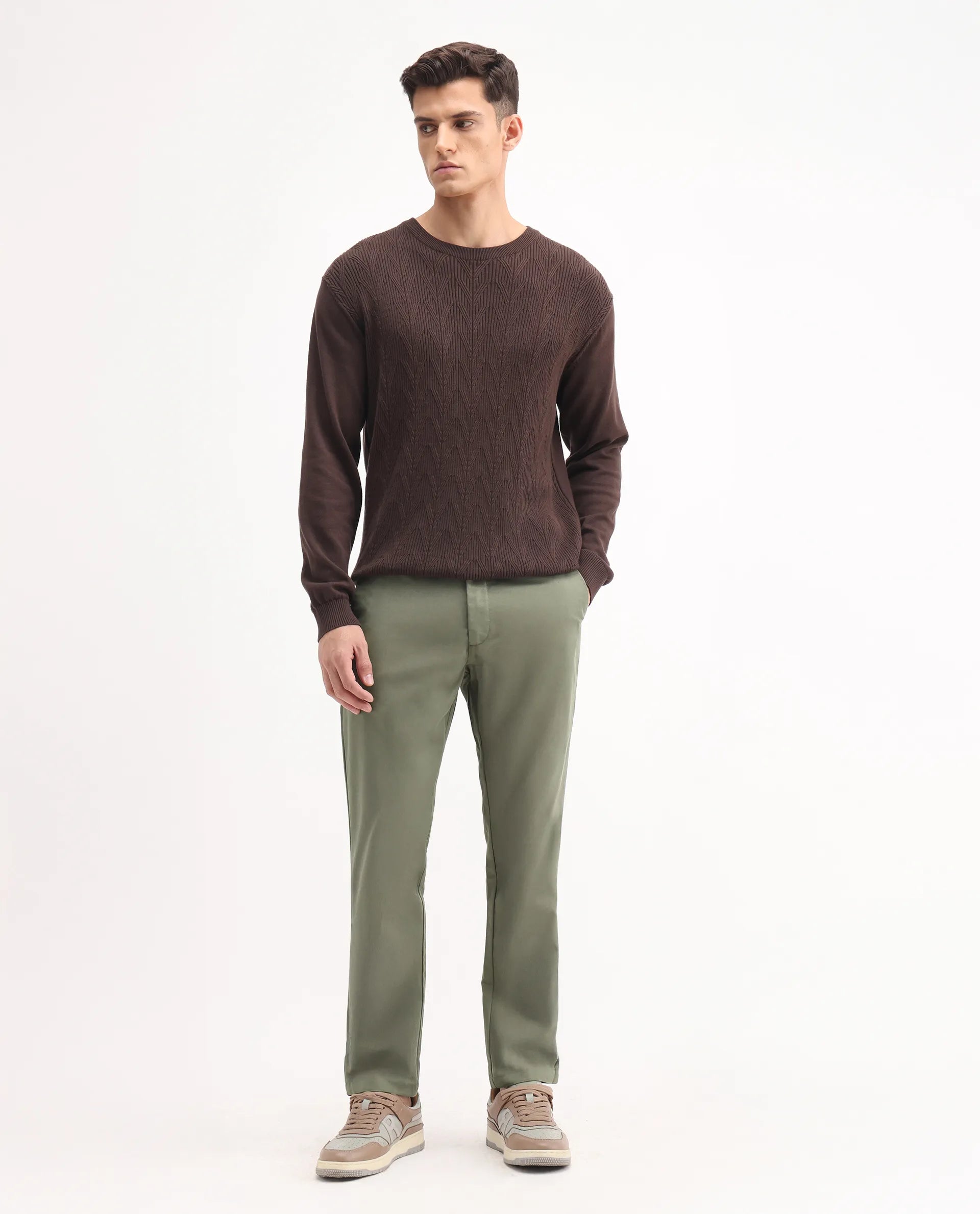 Rare Rabbit Men's Ebert Olive Cotton Plain Regular Fit Trouser