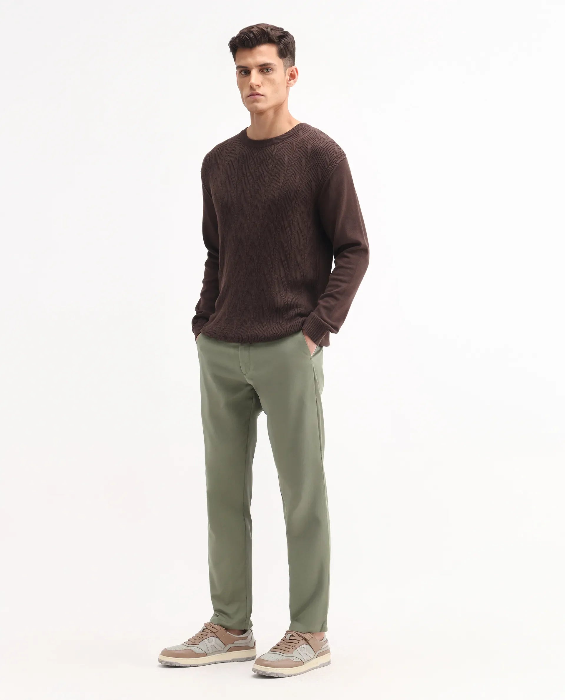 Rare Rabbit Men's Ebert Olive Cotton Plain Regular Fit Trouser