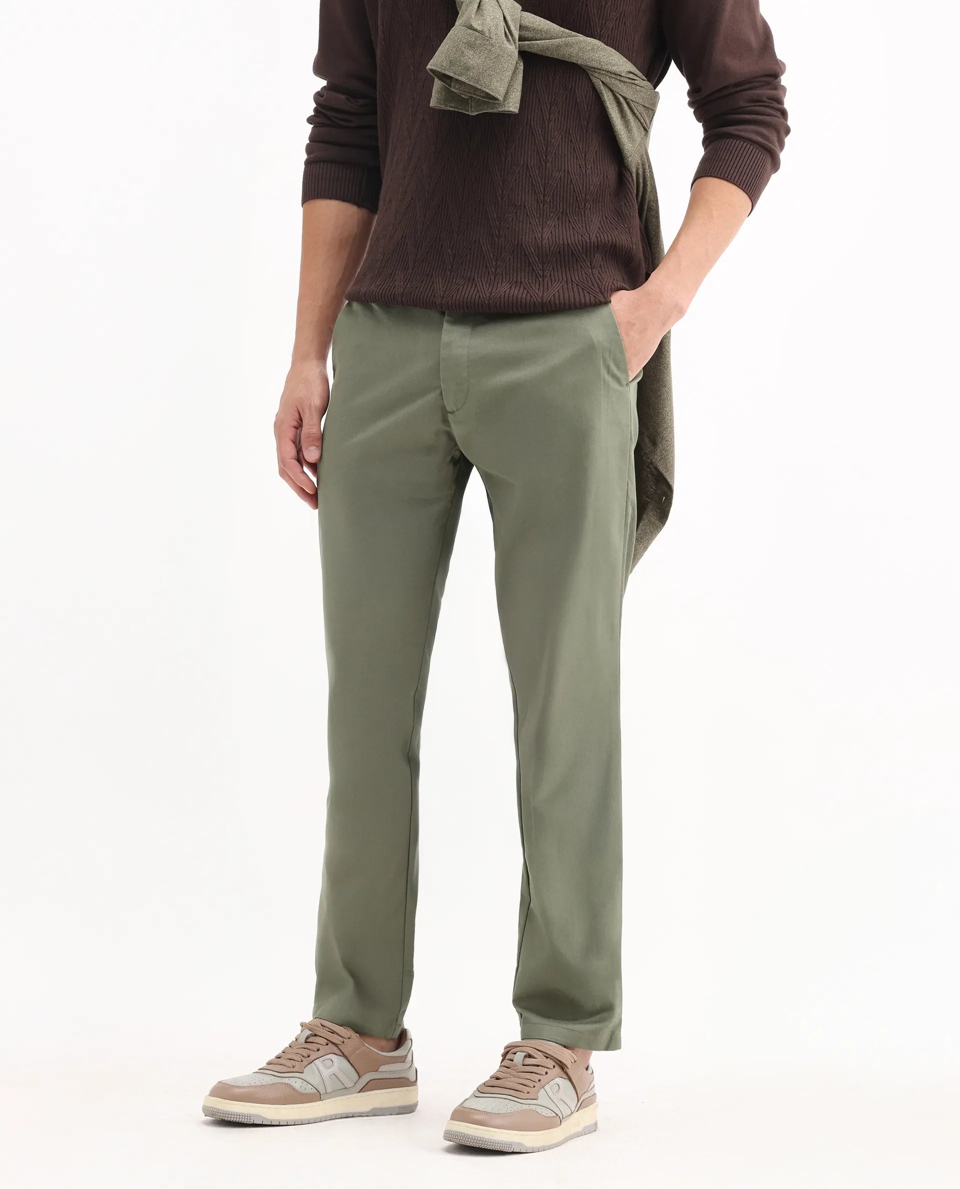 Rare Rabbit Men's Ebert Olive Cotton Plain Regular Fit Trouser