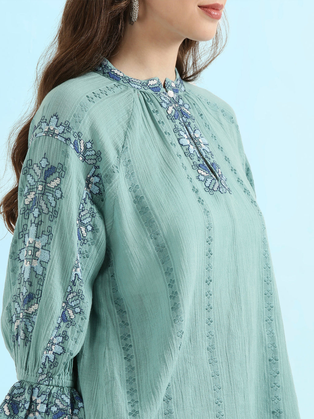 Cotton Embroidered Mandarin Collar Fusion Blouse