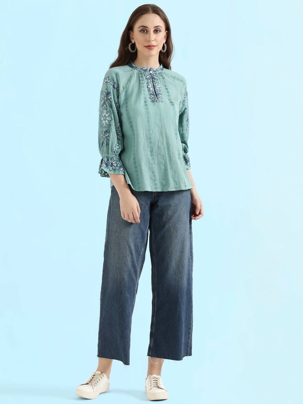 Cotton Embroidered Mandarin Collar Fusion Blouse
