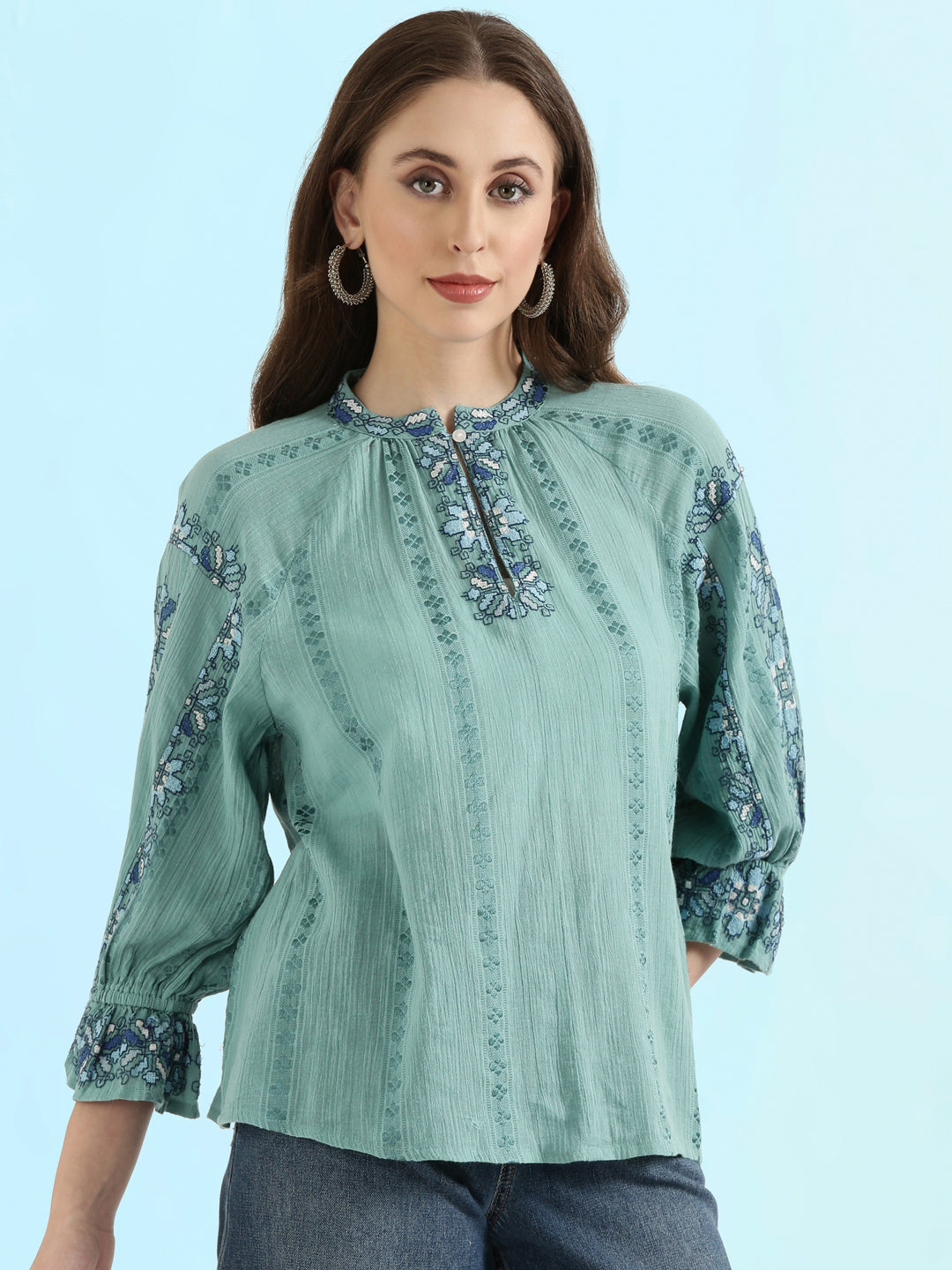 Cotton Embroidered Mandarin Collar Fusion Blouse