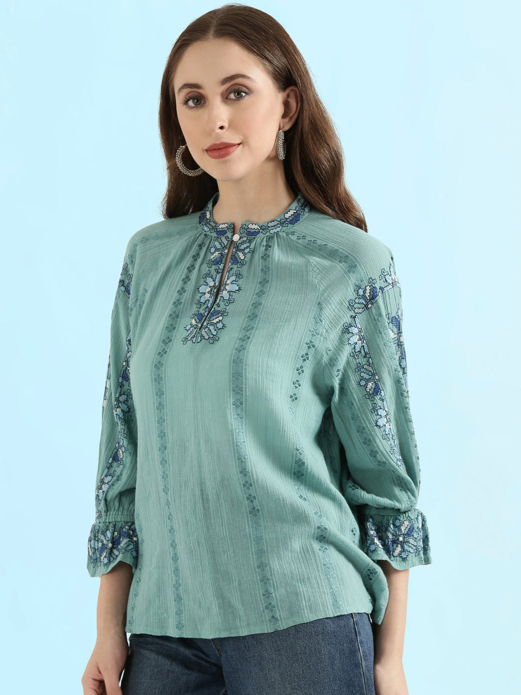 Cotton Embroidered Mandarin Collar Fusion Blouse