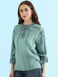 Cotton Embroidered Mandarin Collar Fusion Blouse