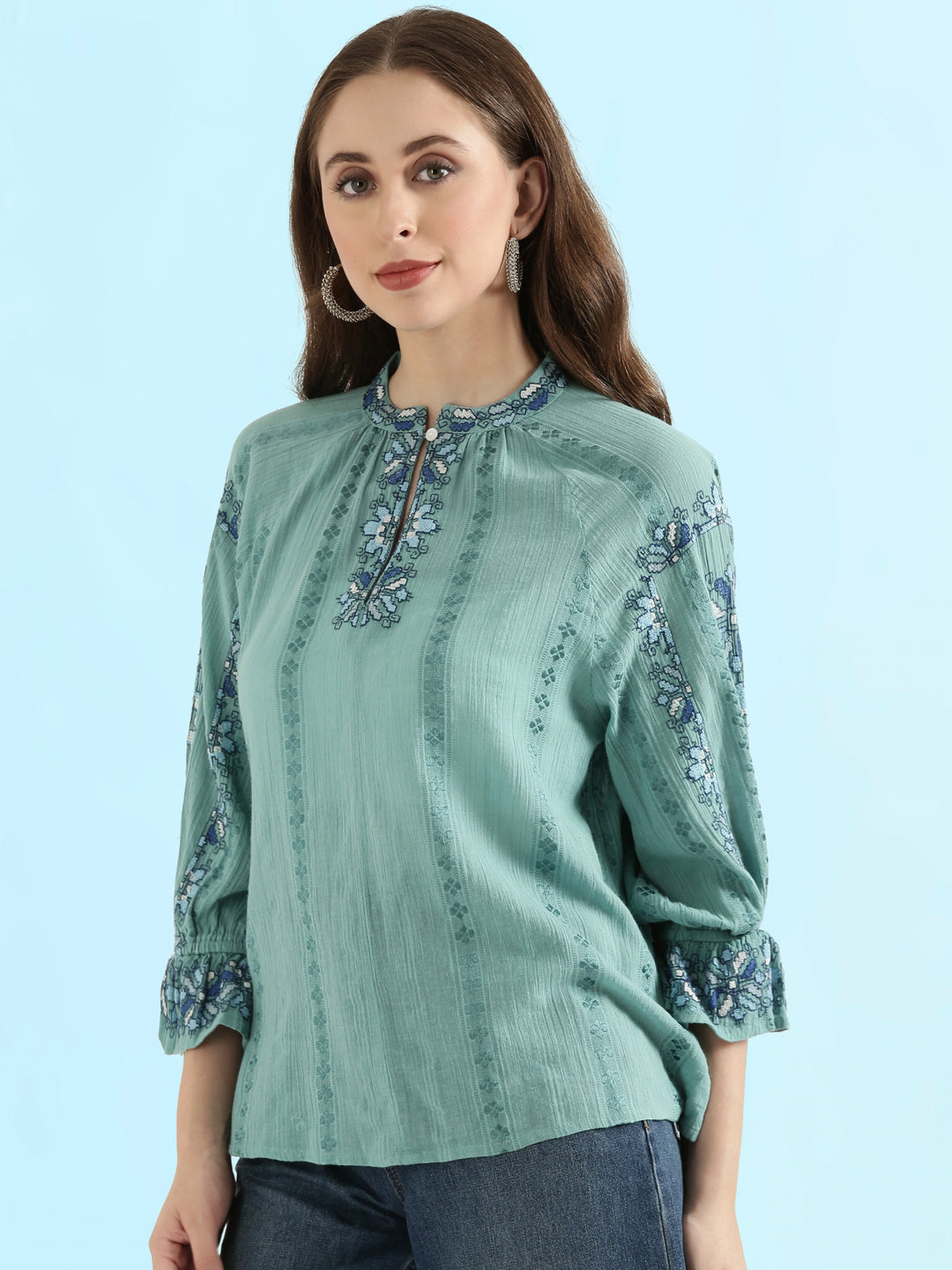 Cotton Embroidered Mandarin Collar Fusion Blouse