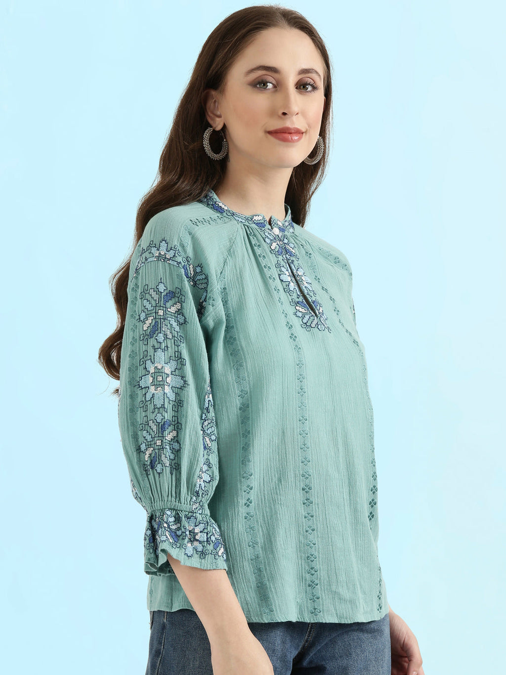 Cotton Embroidered Mandarin Collar Fusion Blouse