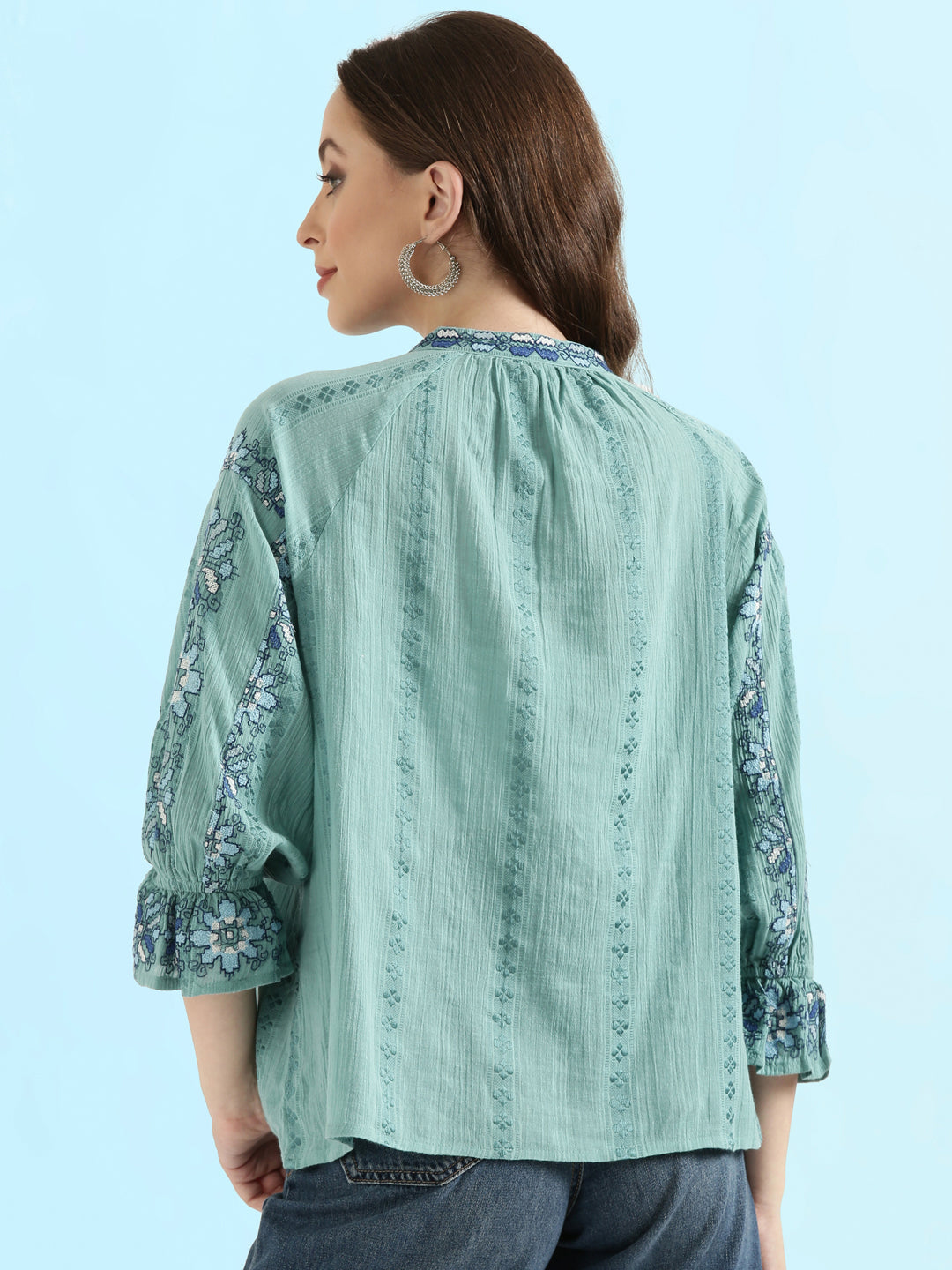 Cotton Embroidered Mandarin Collar Fusion Blouse