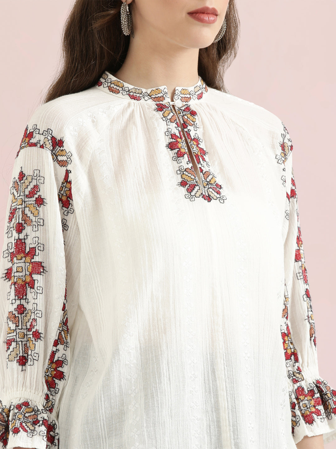 Cotton Embroidered Mandarin Collar Fusion Blouse