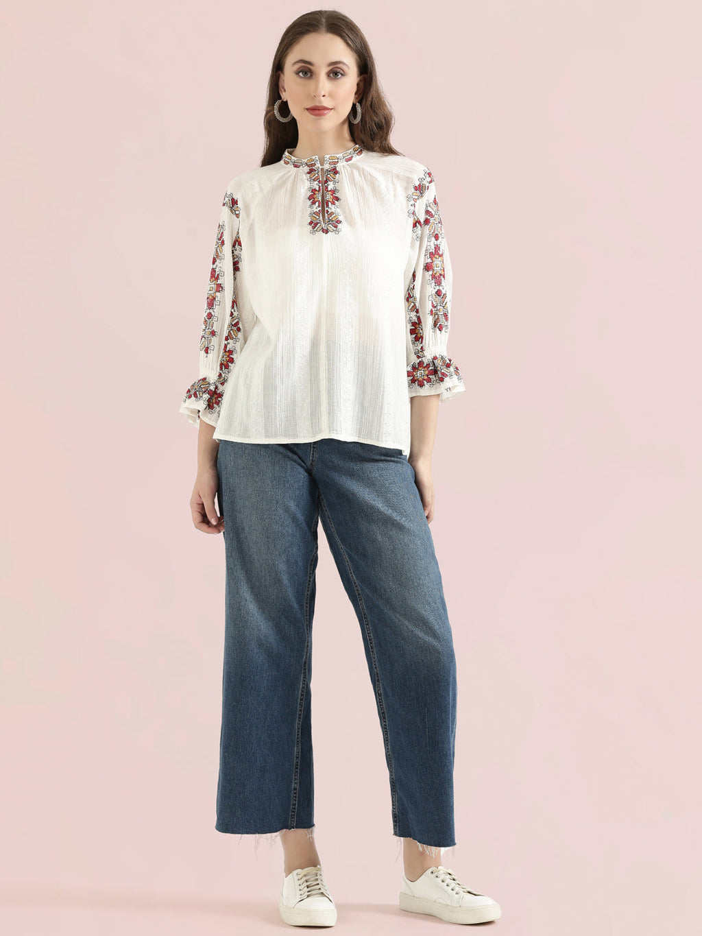 Cotton Embroidered Mandarin Collar Fusion Blouse
