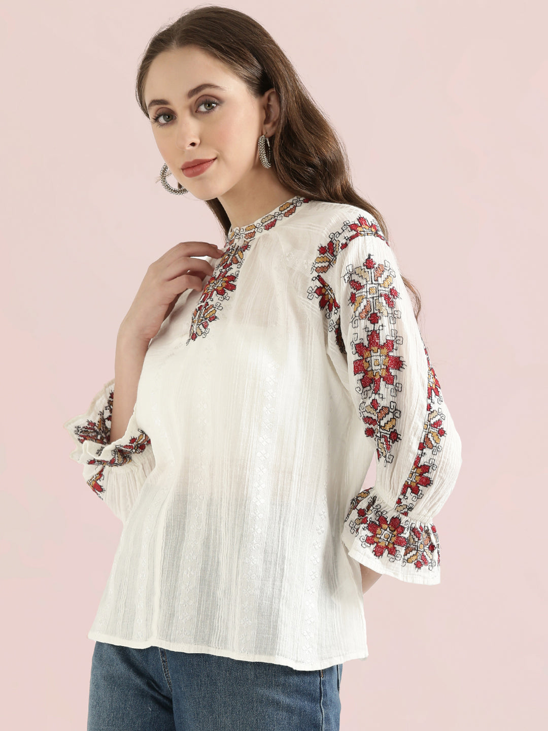 Cotton Embroidered Mandarin Collar Fusion Blouse