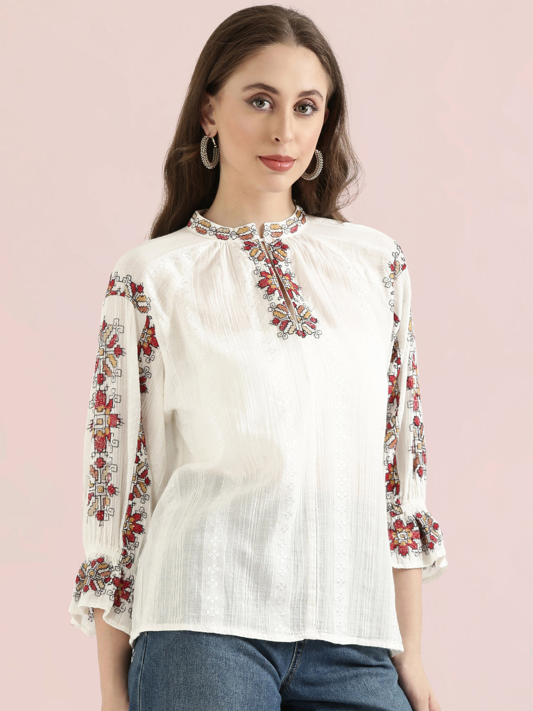 Cotton Embroidered Mandarin Collar Fusion Blouse