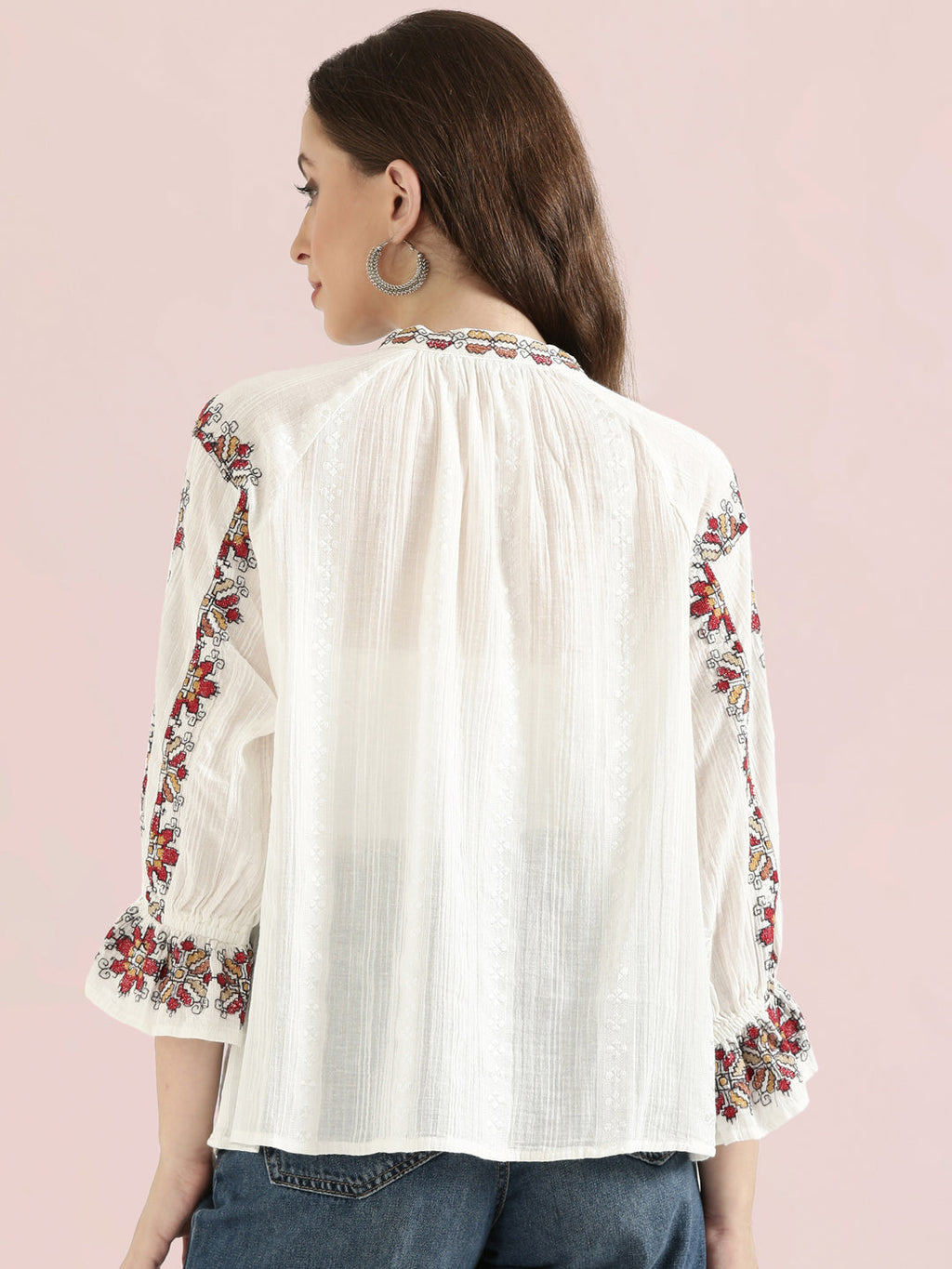 Cotton Embroidered Mandarin Collar Fusion Blouse