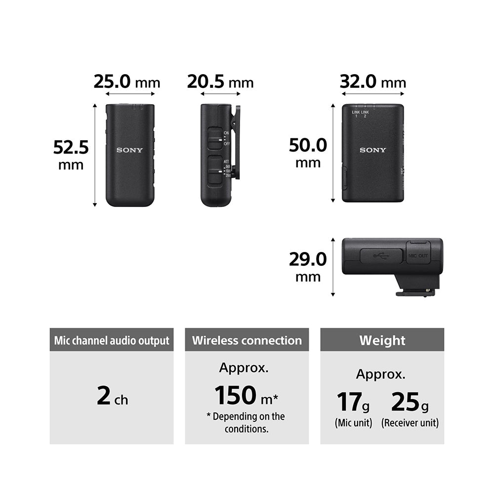 Sony ECM-W3 | Dual-channel Wireless Camera Microphone for digital recording | Content Creation | Dual Transmitter | Compact - Black