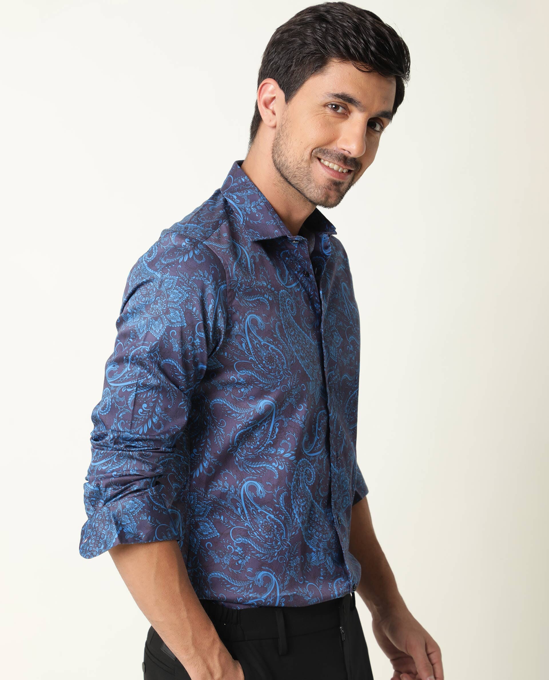 Rare Rabbit Men's Enchan Navy Cotton Paisley Print Regular Fit Full Sleeve Collared Shirt