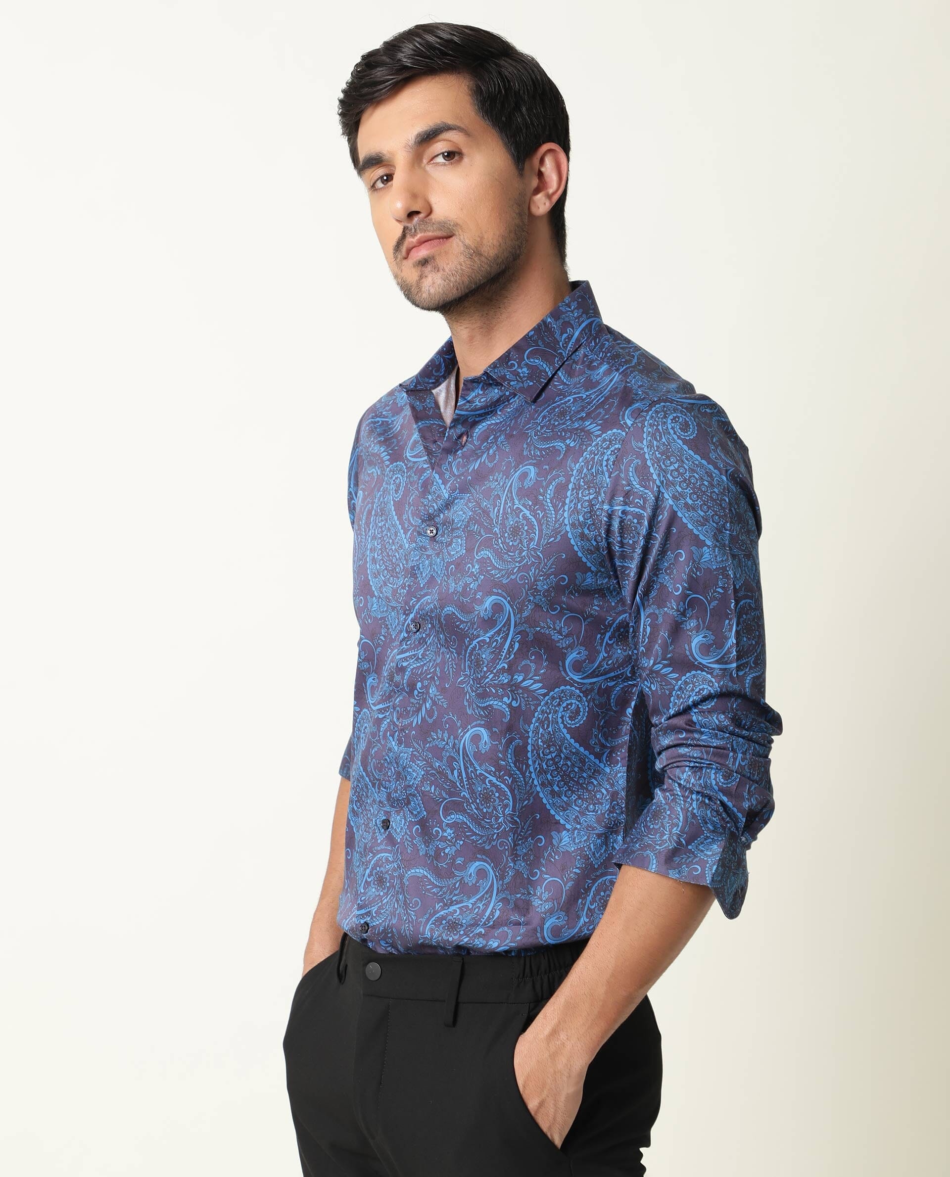 Rare Rabbit Men's Enchan Navy Cotton Paisley Print Regular Fit Full Sleeve Collared Shirt