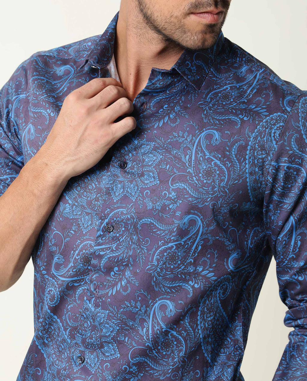 Rare Rabbit Men's Enchan Navy Cotton Paisley Print Regular Fit Full Sleeve Collared Shirt