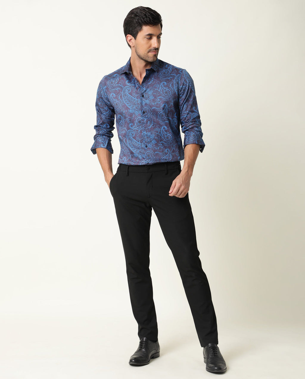 Rare Rabbit Men's Enchan Navy Cotton Paisley Print Regular Fit Full Sleeve Collared Shirt