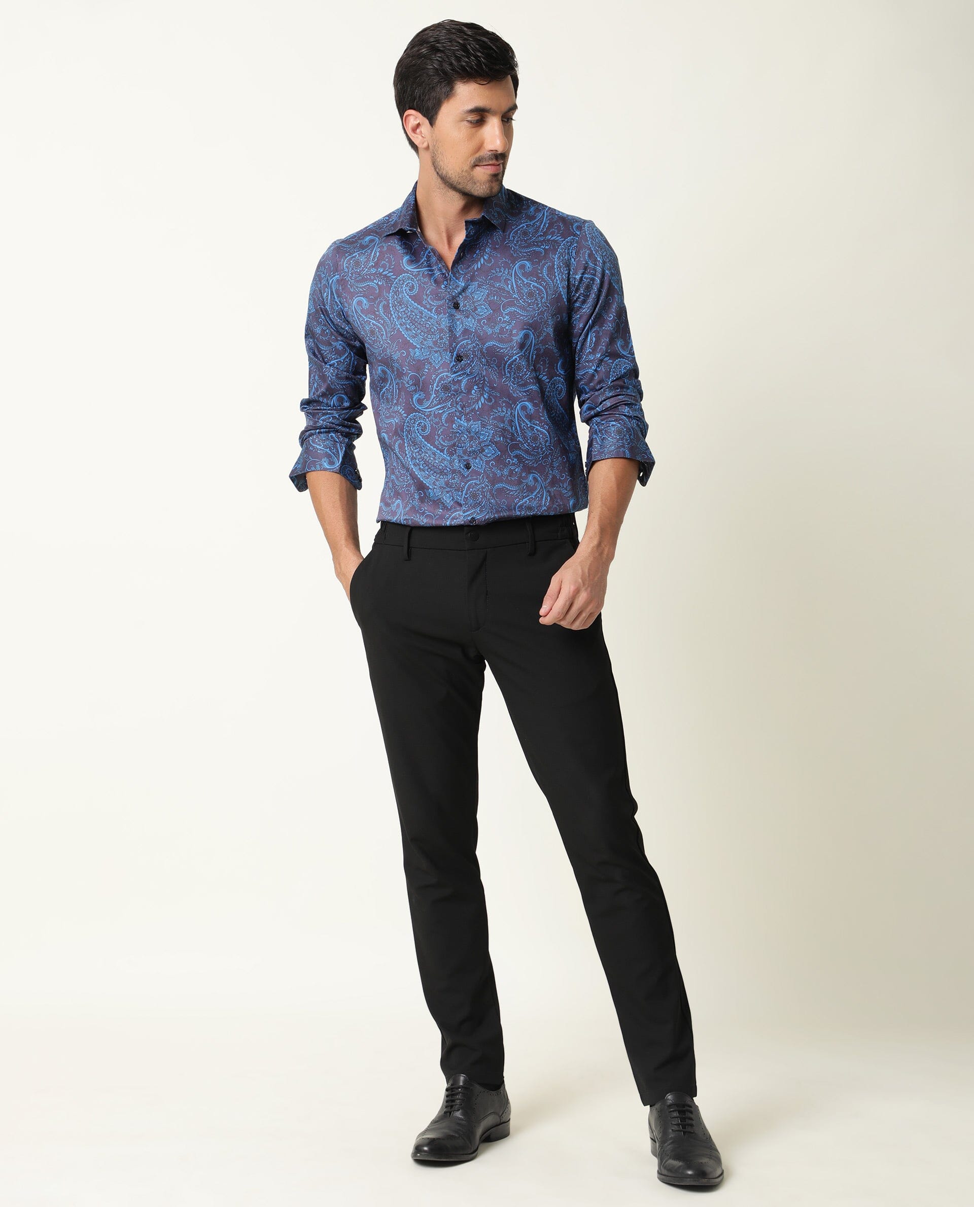 Rare Rabbit Men's Enchan Navy Cotton Paisley Print Regular Fit Full Sleeve Collared Shirt