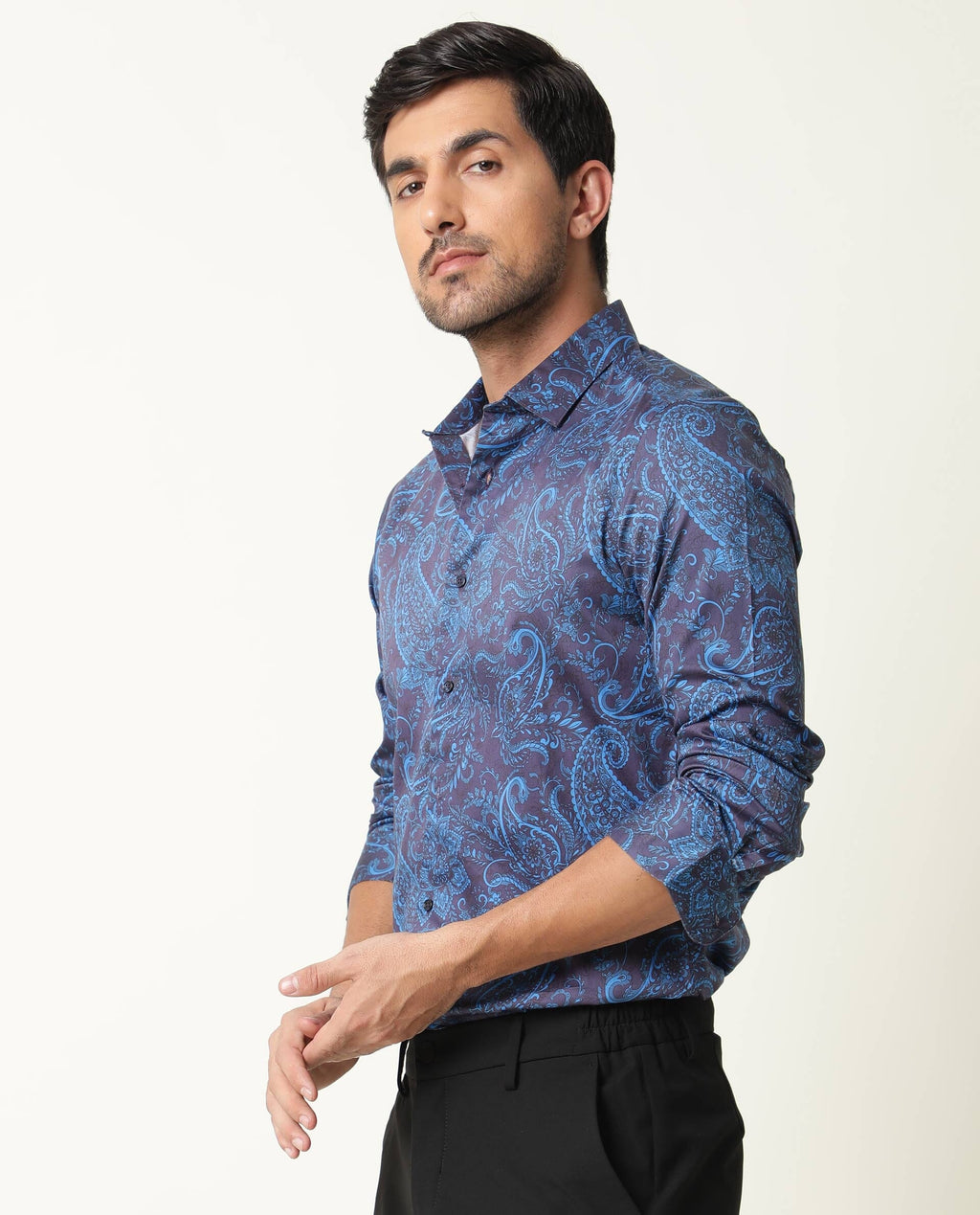 Rare Rabbit Men's Enchan Navy Cotton Paisley Print Regular Fit Full Sleeve Collared Shirt