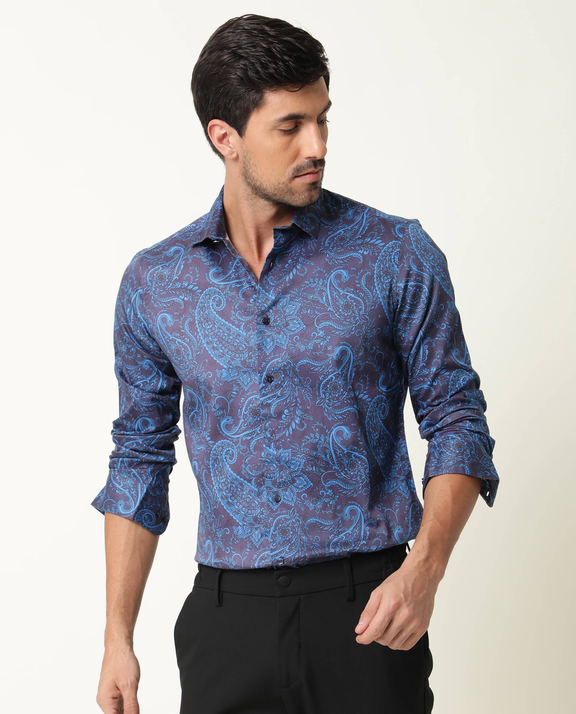 Rare Rabbit Men's Enchan Navy Cotton Paisley Print Regular Fit Full Sleeve Collared Shirt