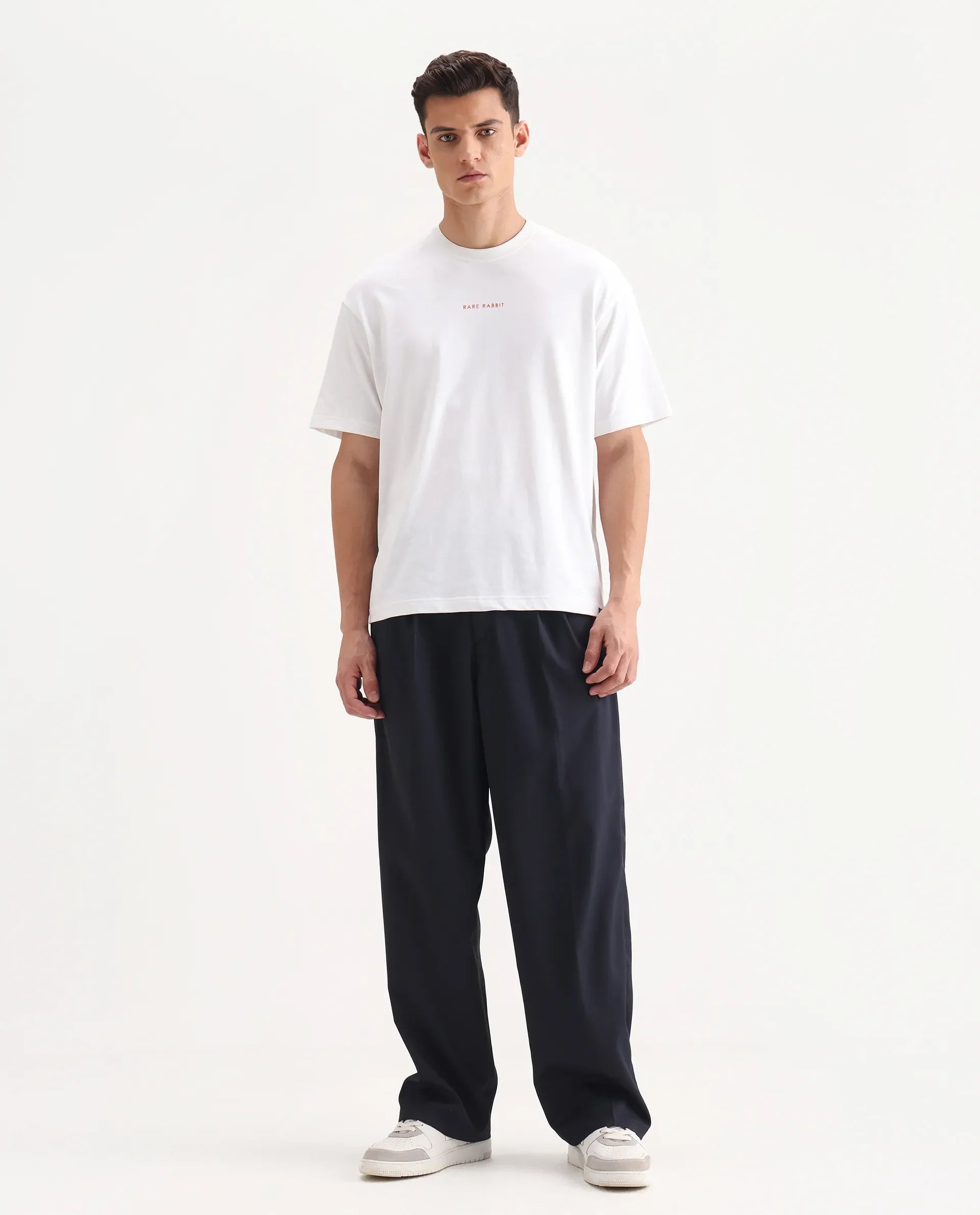 Rare Rabbit Men's Enzot Navy Cotton Plain Relaxed Fit Trouser