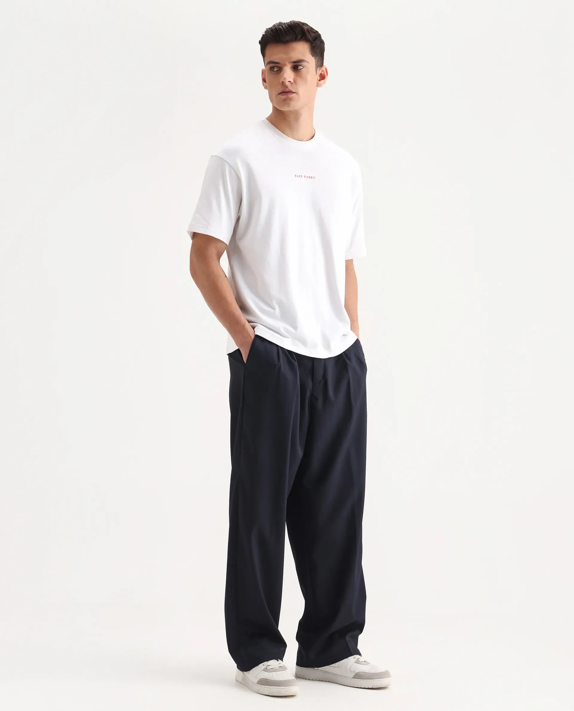 Rare Rabbit Men's Enzot Navy Cotton Plain Relaxed Fit Trouser