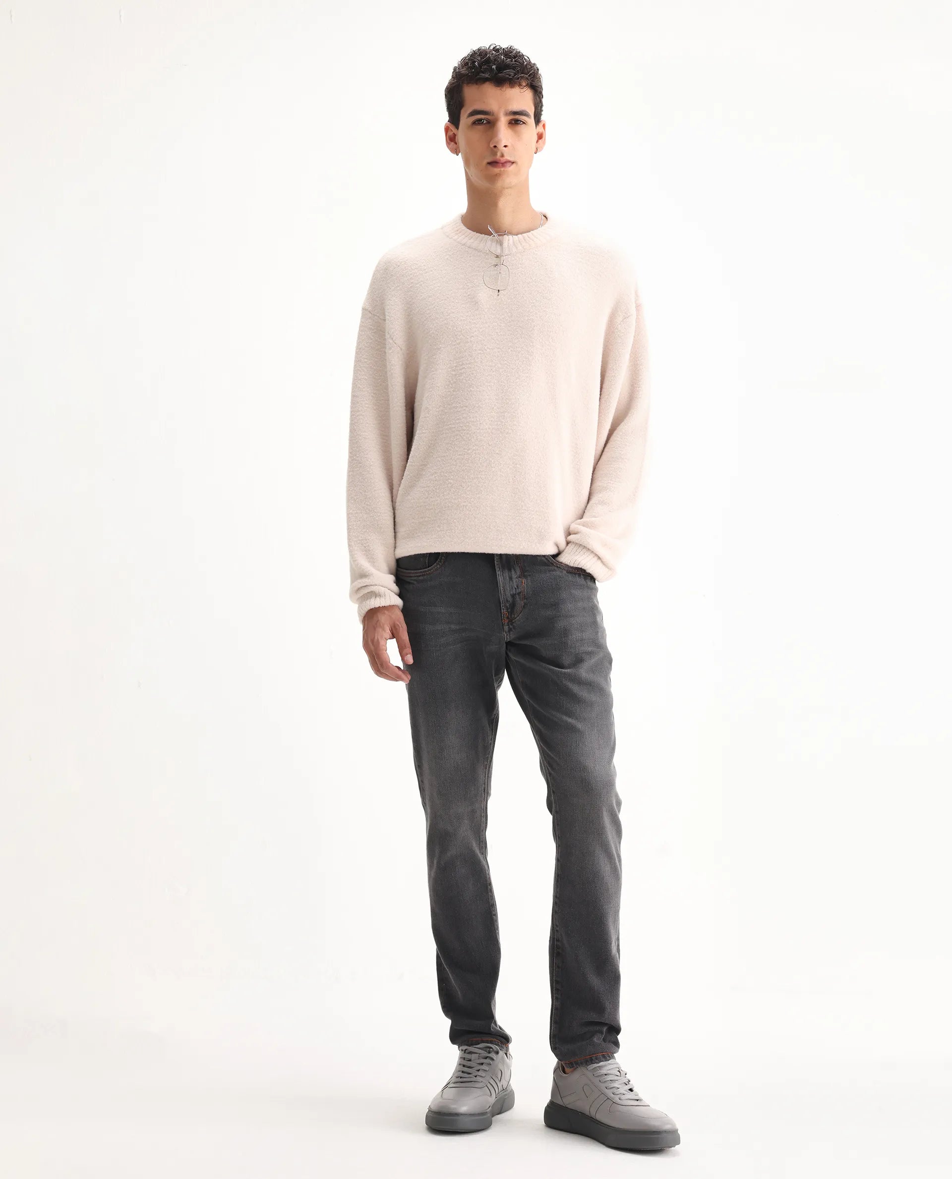 Rare Rabbit Men's Ermis Grey Cotton Blend Plain Hawk Slim Fit Jeans