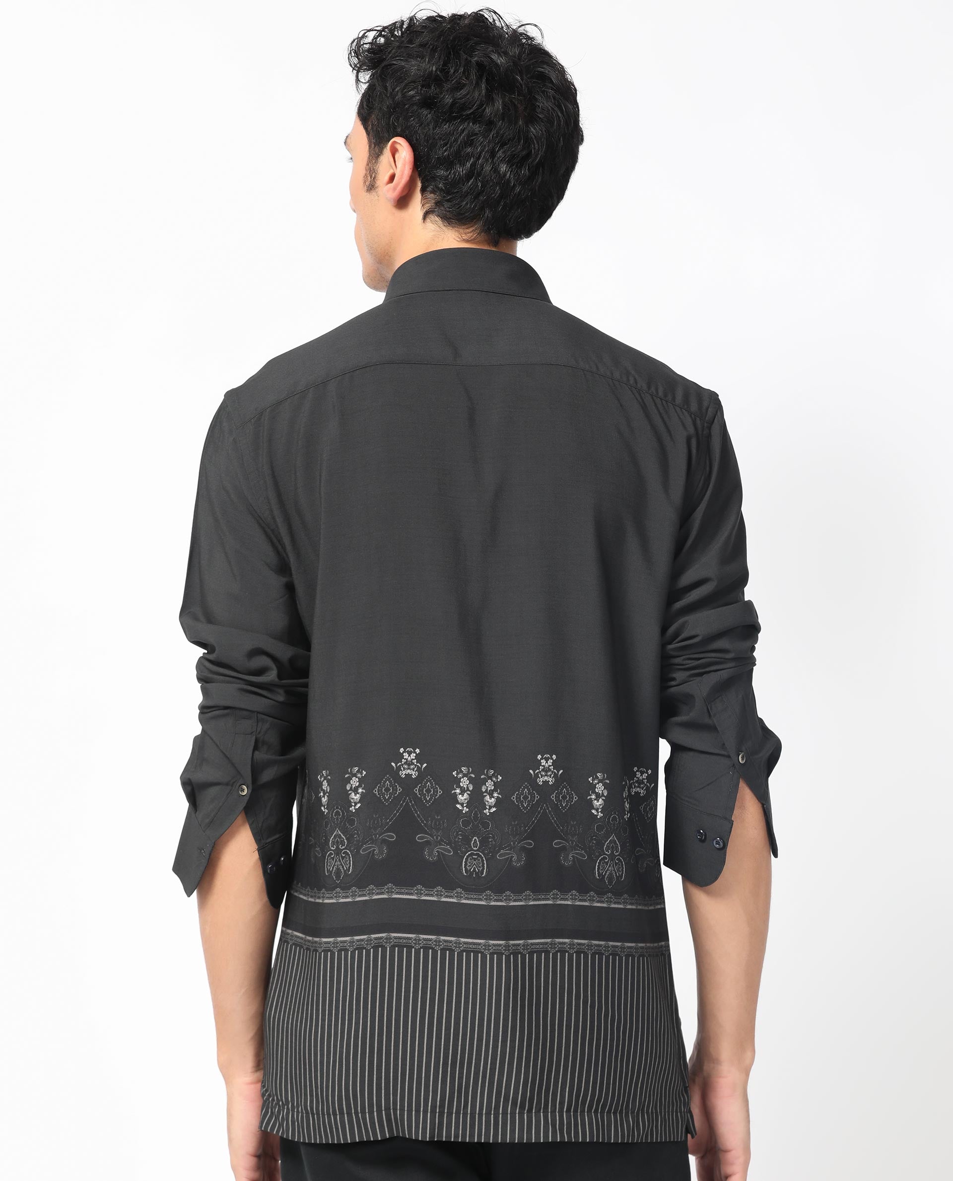 Rare Rabbit Men's Esco Black Viscose Floral Print Regular Fit Full Sleeve Collared Shirt