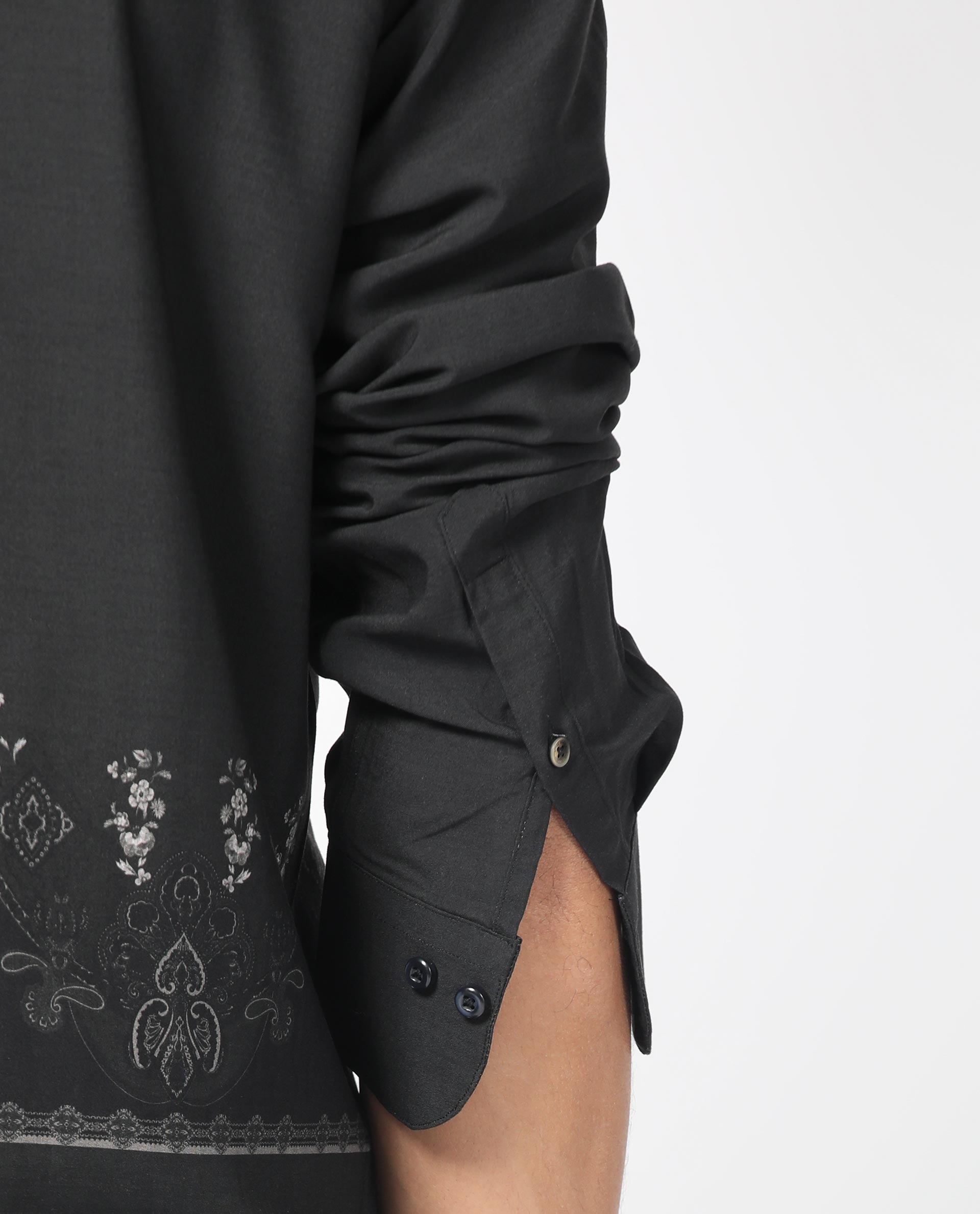 Rare Rabbit Men's Esco Black Viscose Floral Print Regular Fit Full Sleeve Collared Shirt