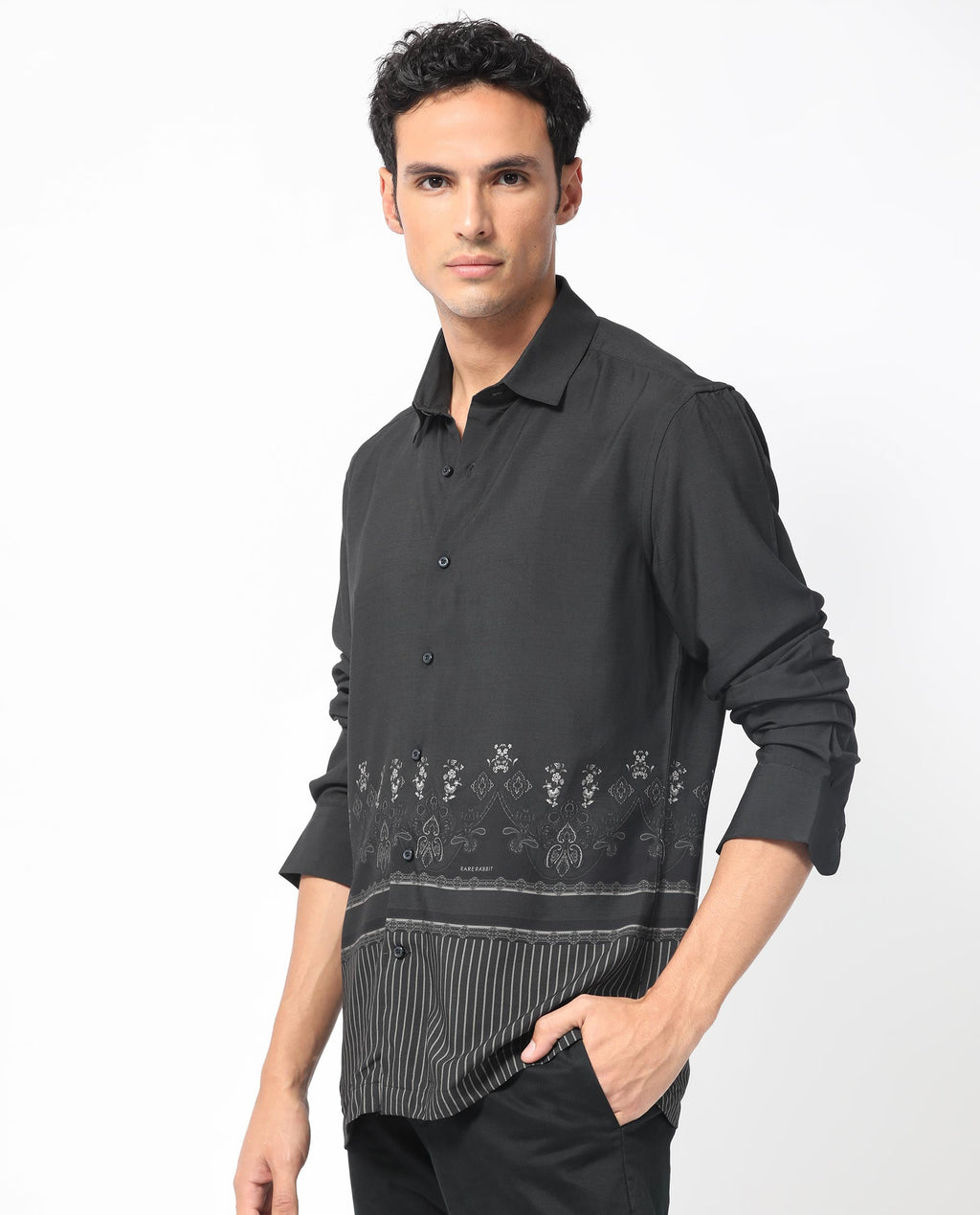 Rare Rabbit Men's Esco Black Viscose Floral Print Regular Fit Full Sleeve Collared Shirt
