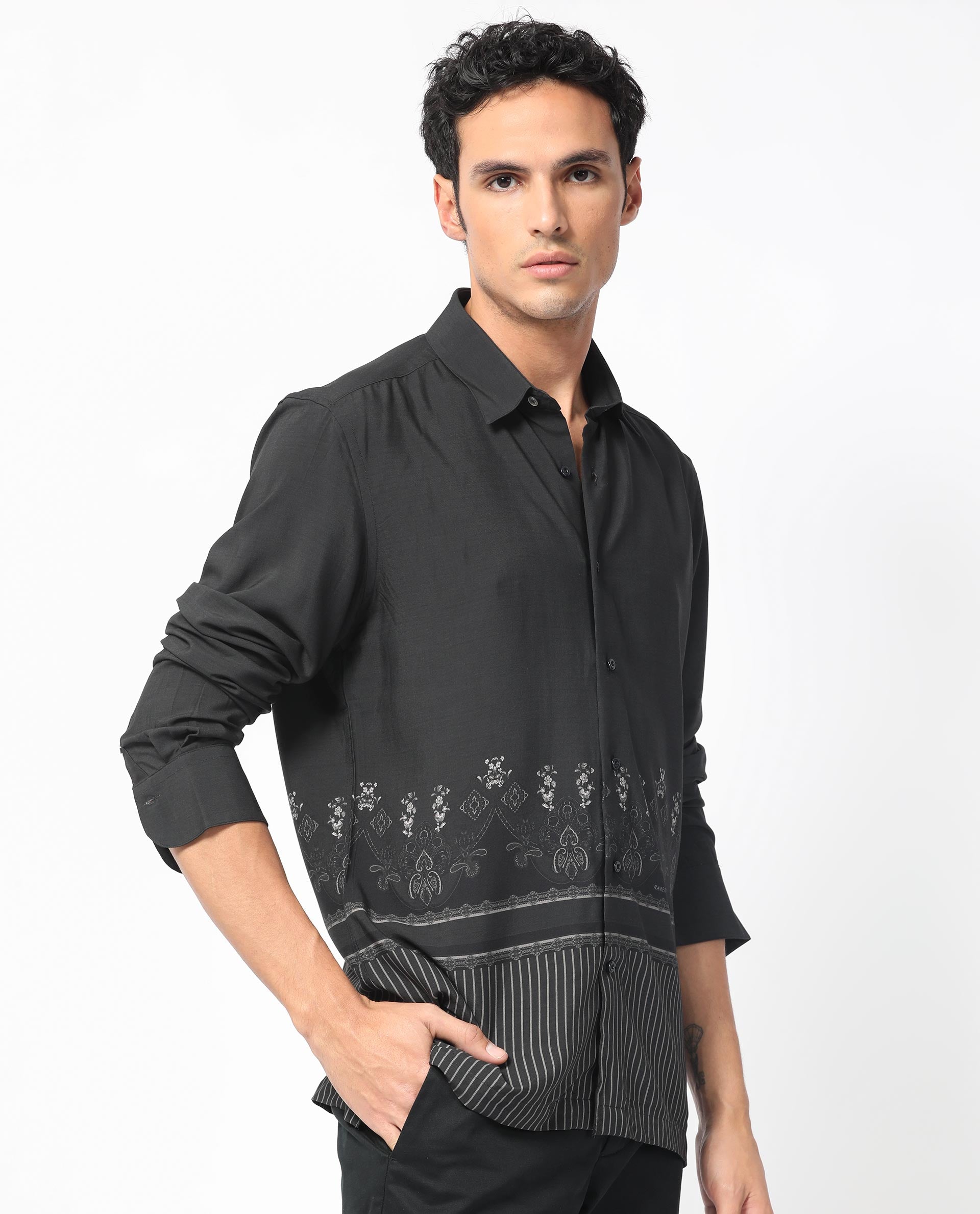 Rare Rabbit Men's Esco Black Viscose Floral Print Regular Fit Full Sleeve Collared Shirt