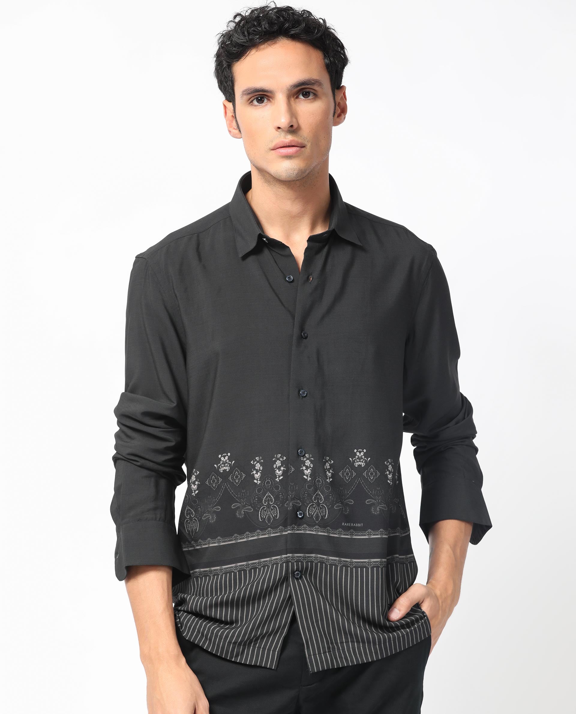 Rare Rabbit Men's Esco Black Viscose Floral Print Regular Fit Full Sleeve Collared Shirt