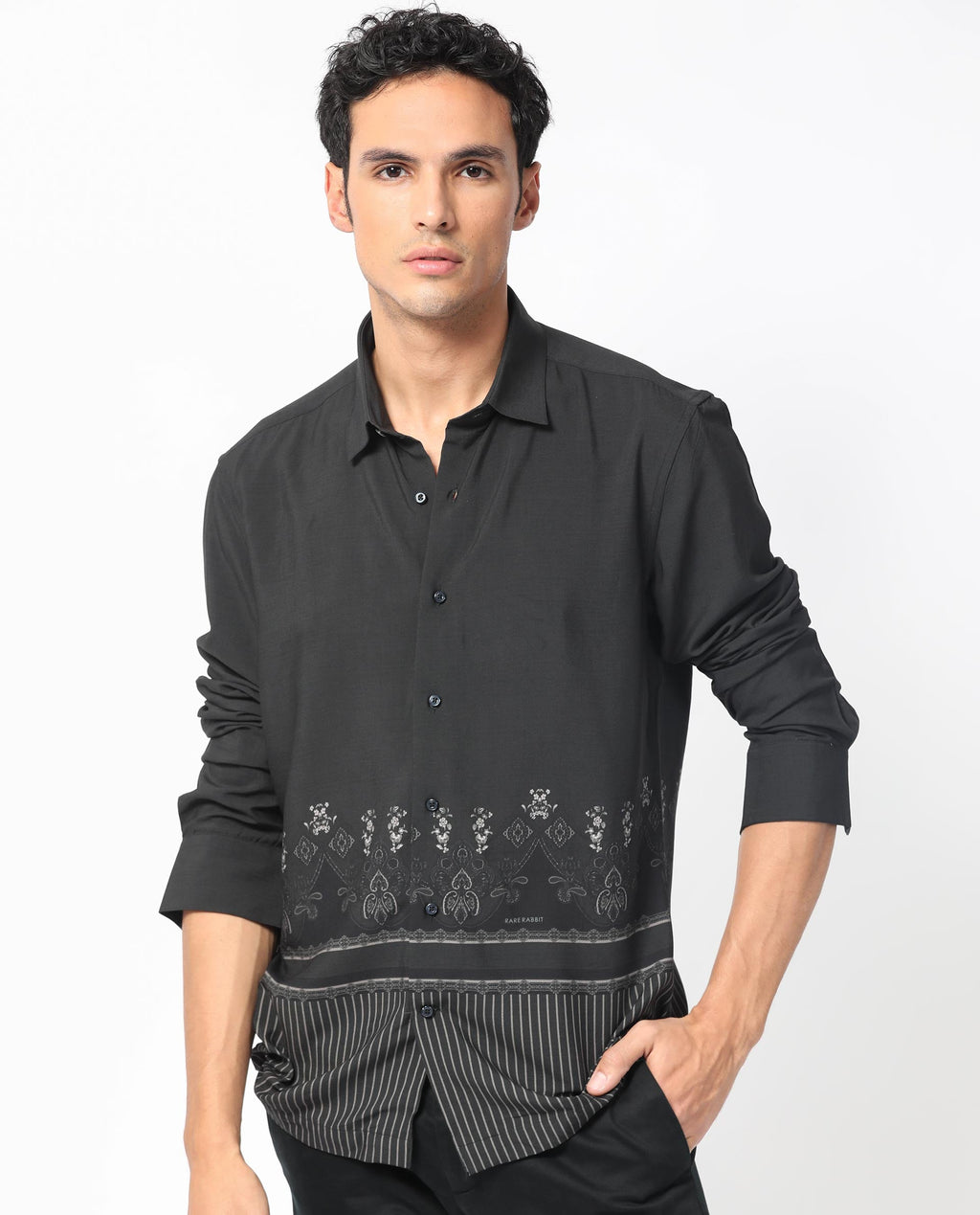 Rare Rabbit Men's Esco Black Viscose Floral Print Regular Fit Full Sleeve Collared Shirt
