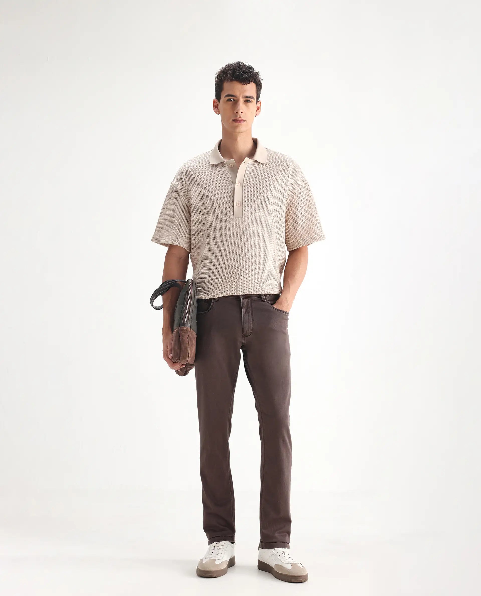 Rare Rabbit Men's Essen Dark Brown Cotton Plain Hawk Slim Fit Jeans