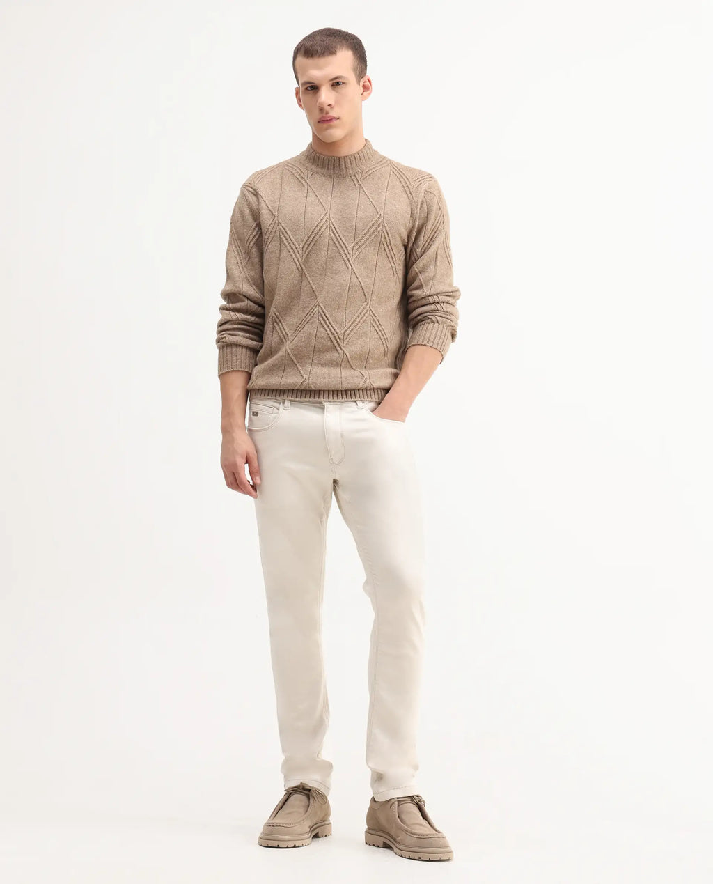 Rare Rabbit Men's Essen Off White Cotton Plain Hawk Slim Fit Jeans
