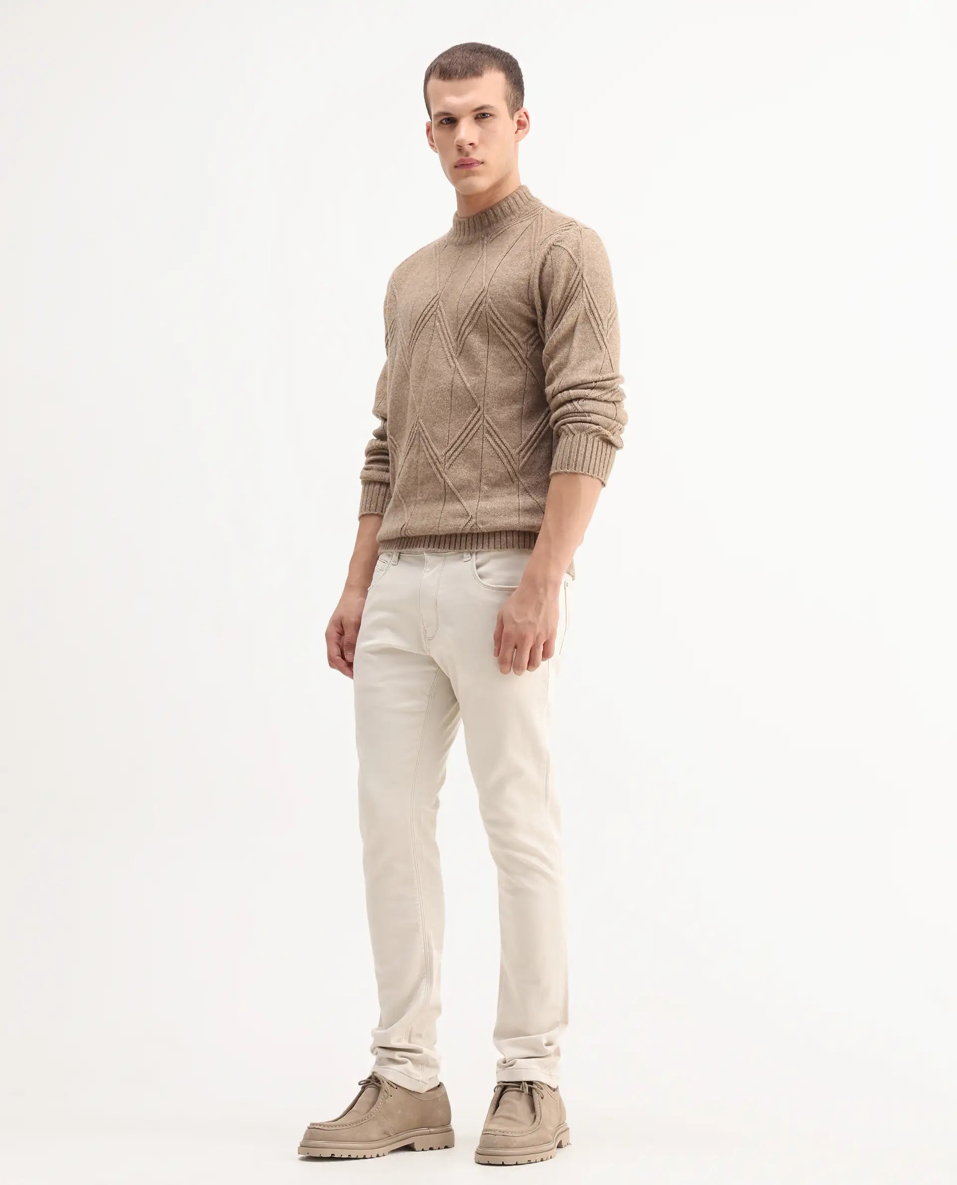 Rare Rabbit Men's Essen Off White Cotton Plain Hawk Slim Fit Jeans