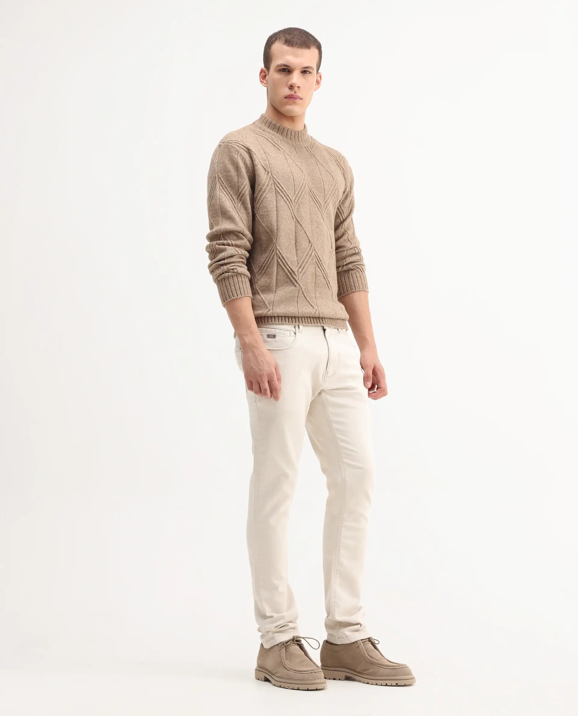 Rare Rabbit Men's Essen Off White Cotton Plain Hawk Slim Fit Jeans