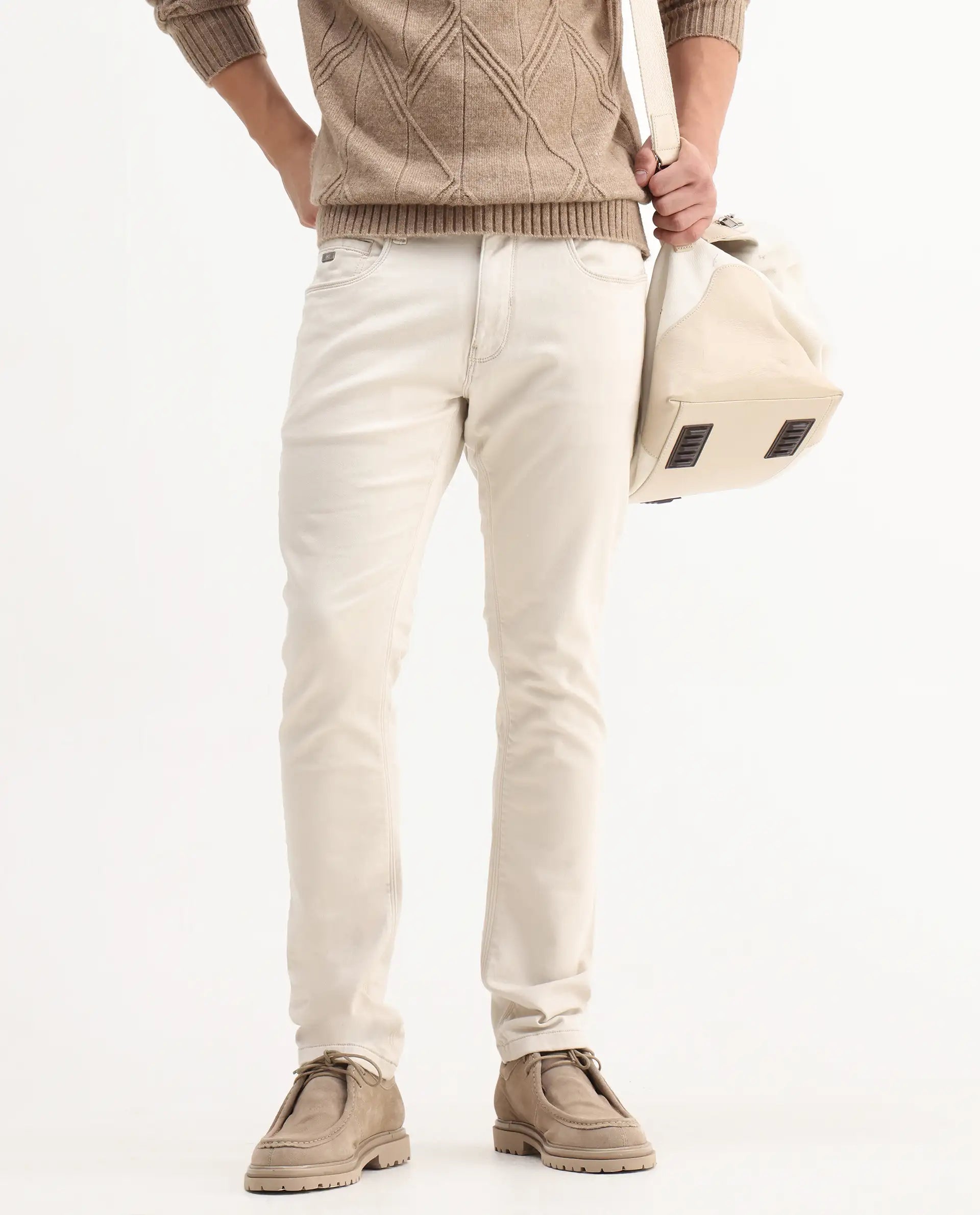 Rare Rabbit Men's Essen Off White Cotton Plain Hawk Slim Fit Jeans