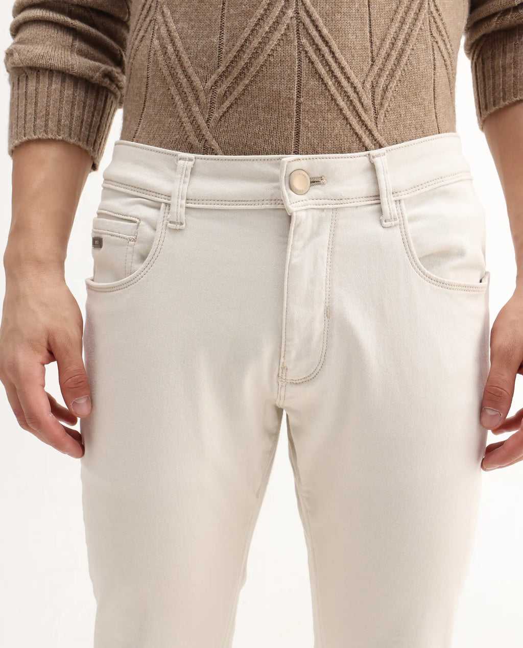 Rare Rabbit Men's Essen Off White Cotton Plain Hawk Slim Fit Jeans