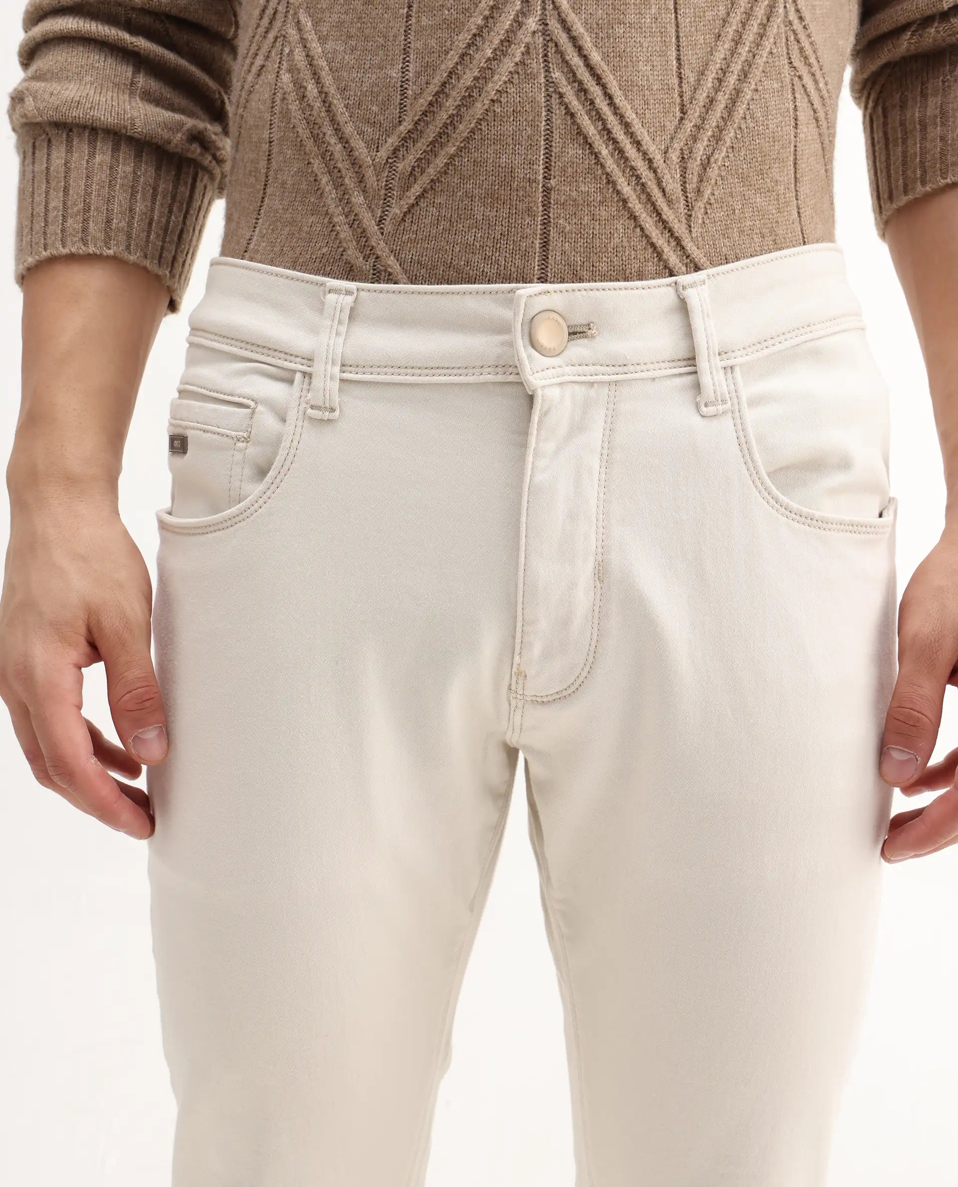 Rare Rabbit Men's Essen Off White Cotton Plain Hawk Slim Fit Jeans