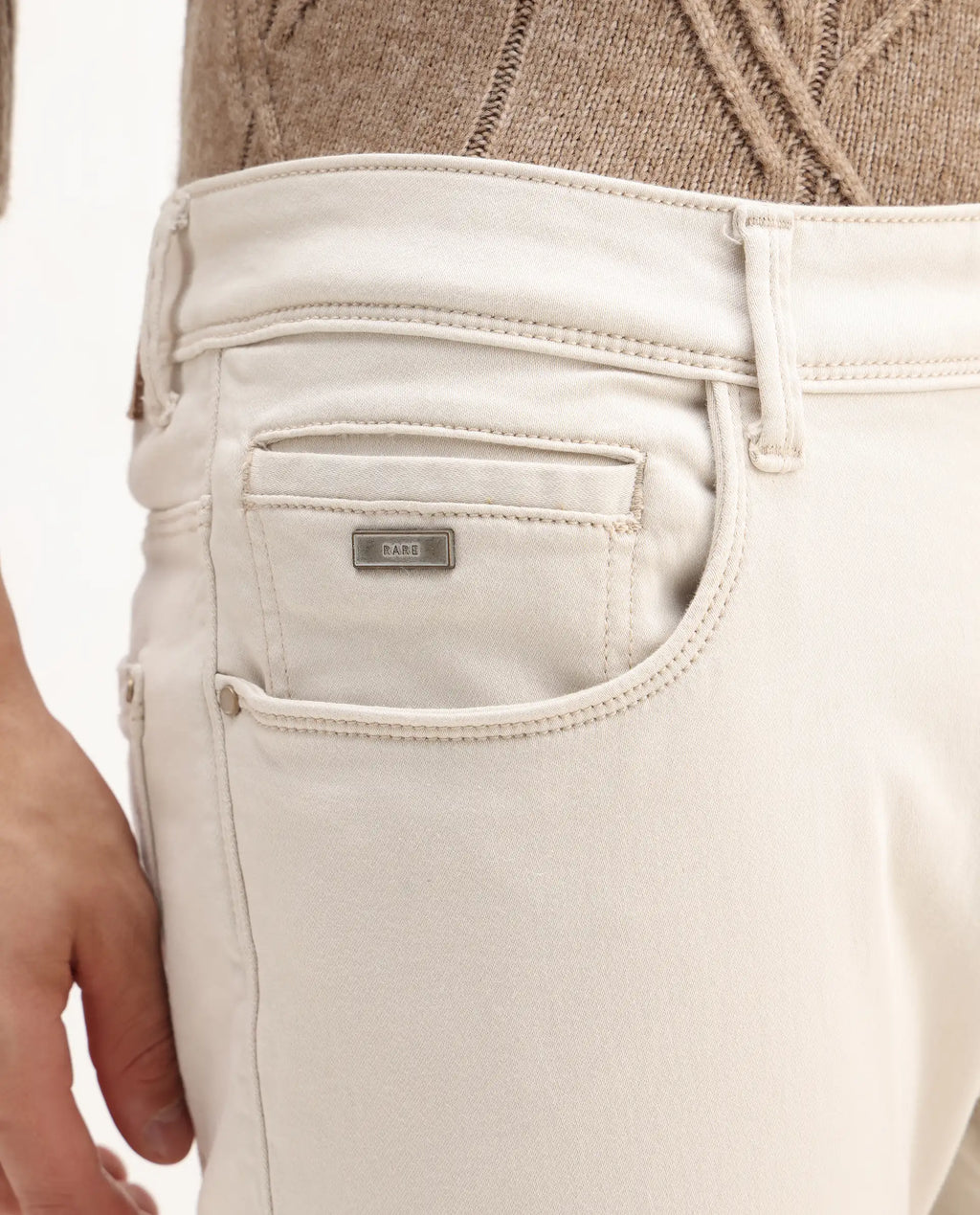 Rare Rabbit Men's Essen Off White Cotton Plain Hawk Slim Fit Jeans