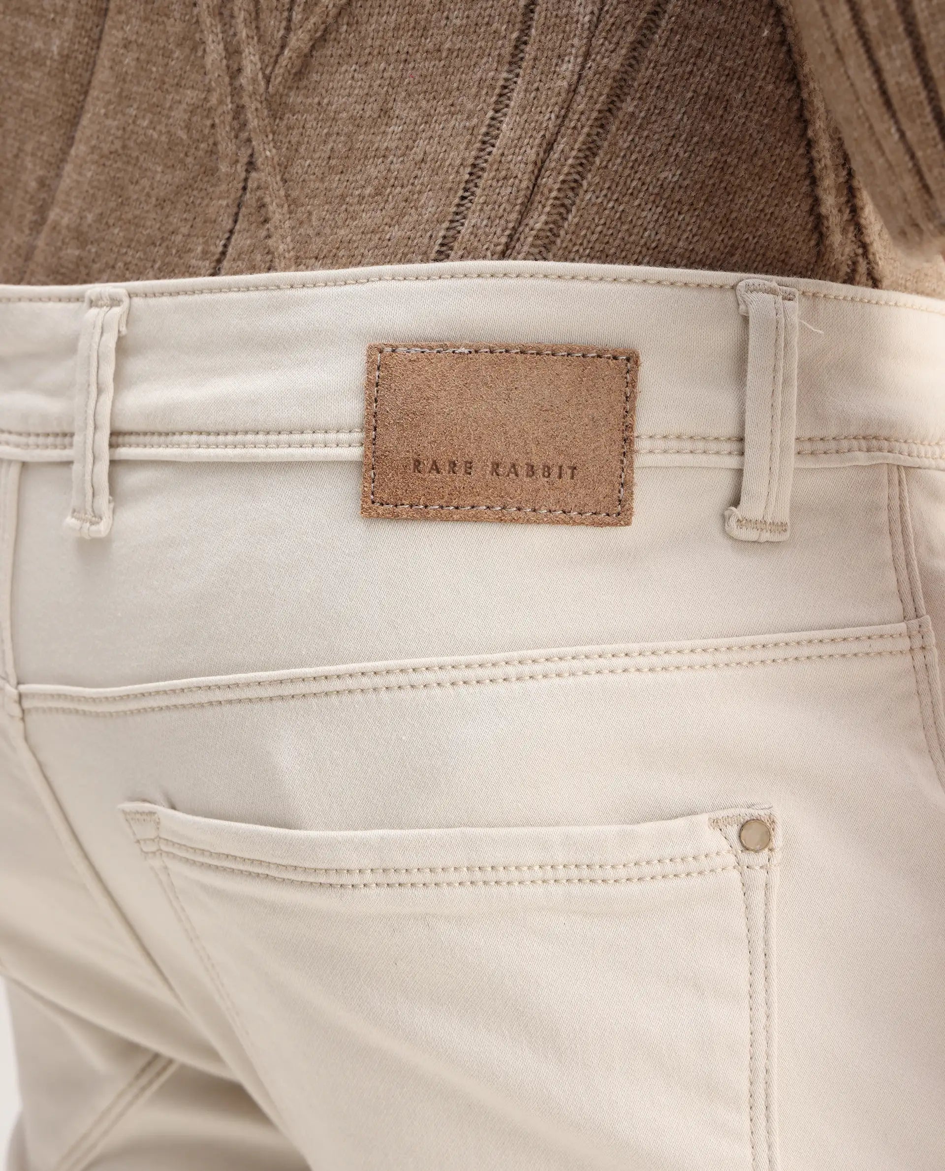 Rare Rabbit Men's Essen Off White Cotton Plain Hawk Slim Fit Jeans
