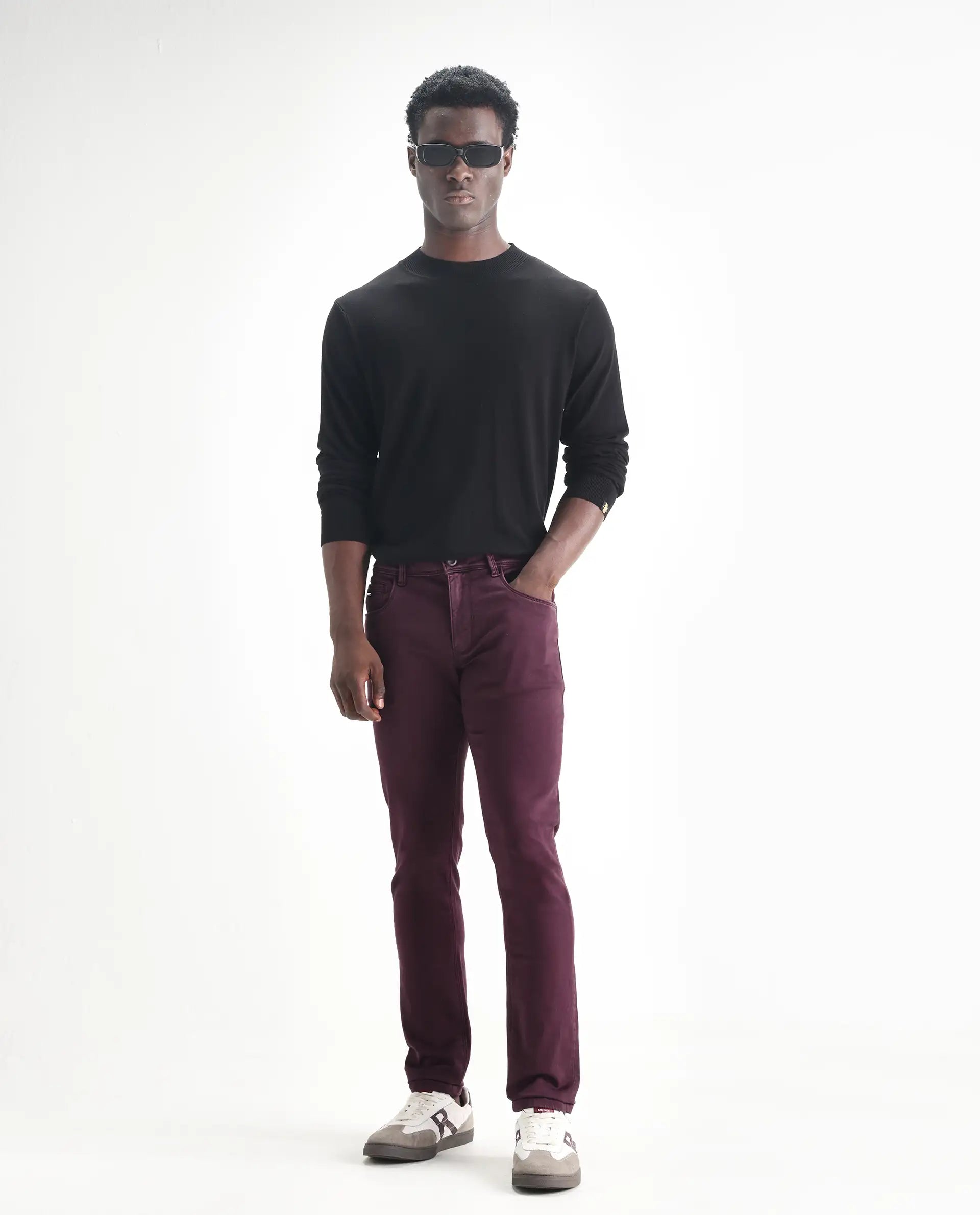 Rare Rabbit Men's Essen Dark Maroon Cotton Plain Hawk Slim Fit Jeans