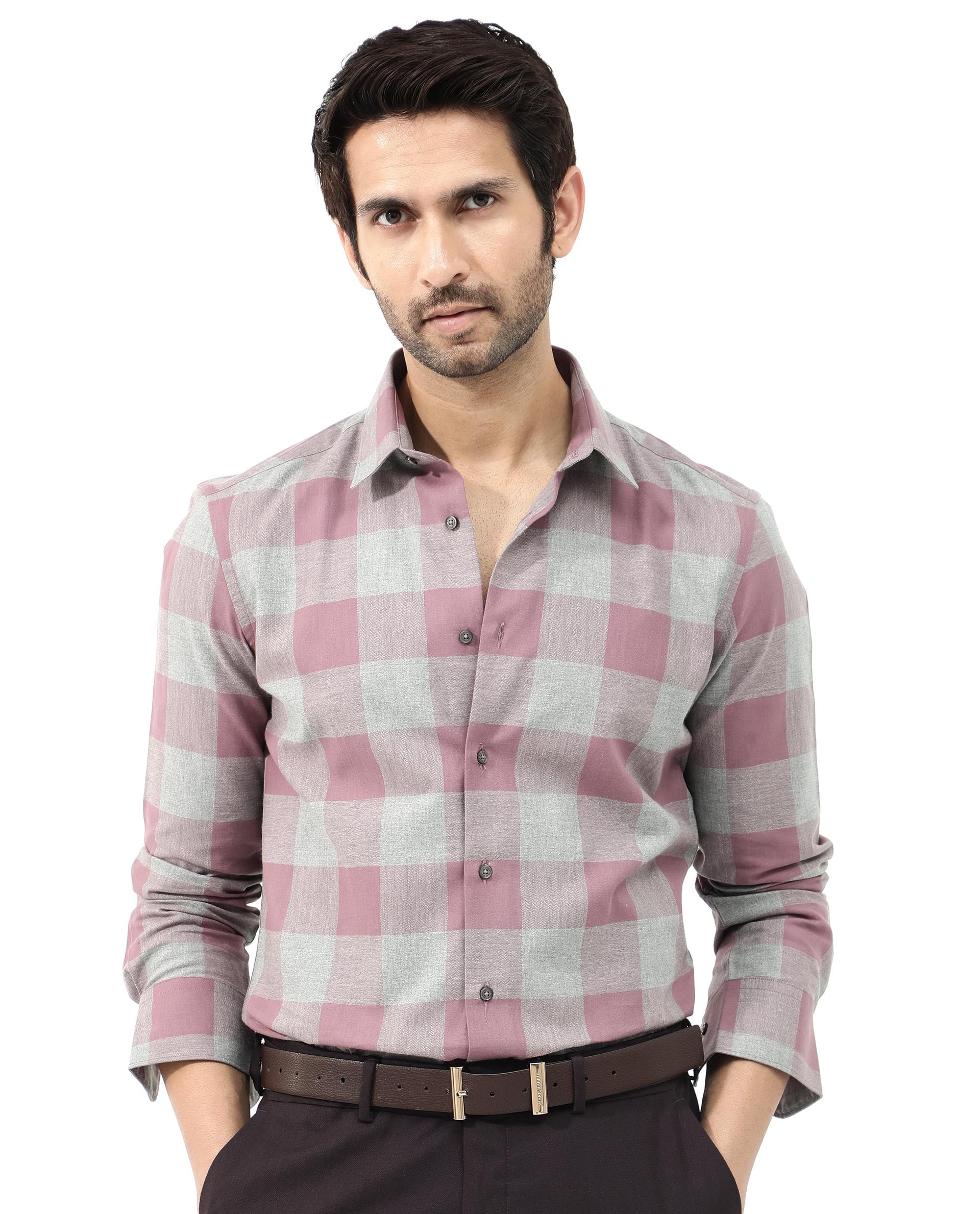 Rare Rabbit Men's Etan Dusky Pink Cotton Checked Print Regular Fit Full Sleeve Collared Shirt