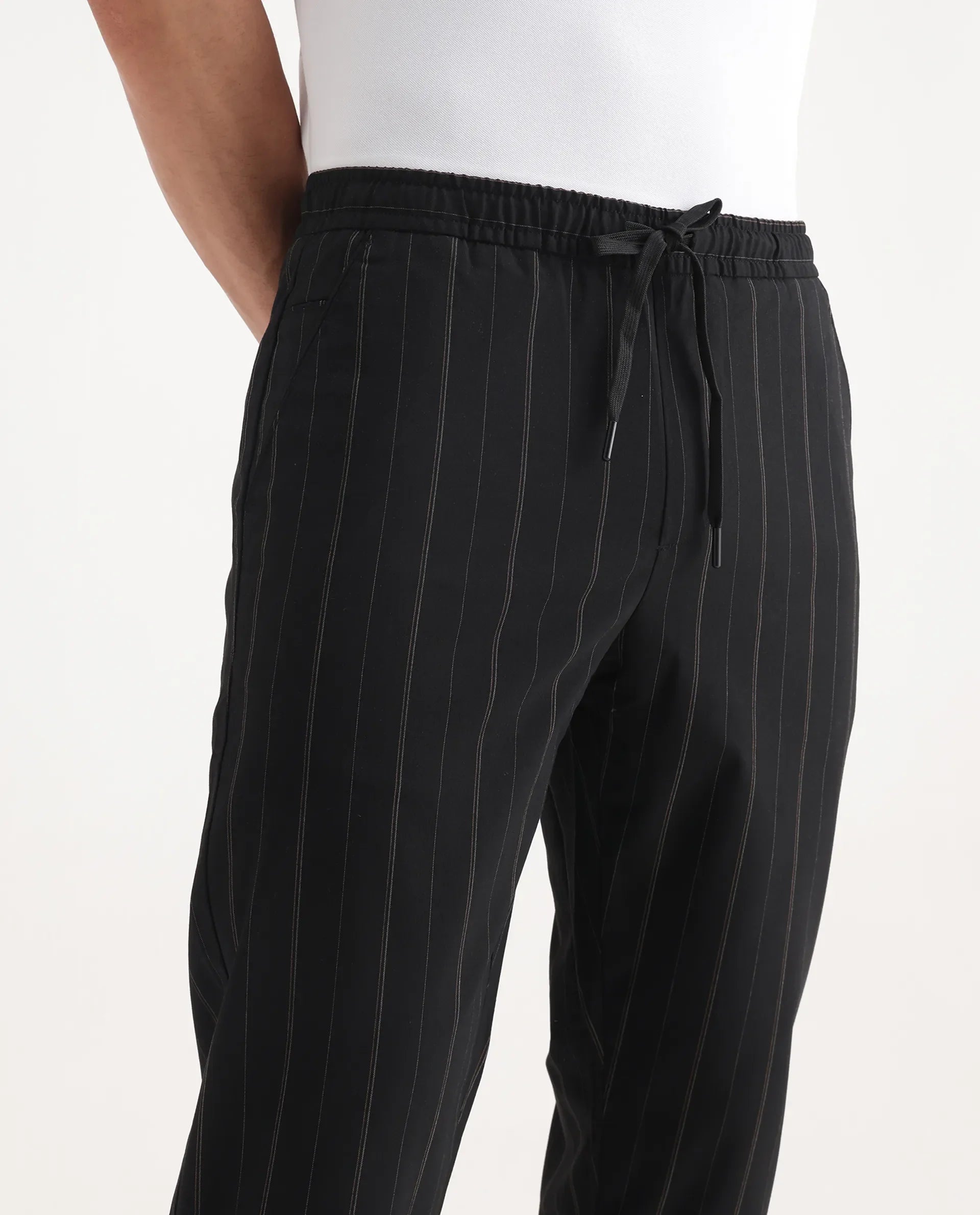 Rare Rabbit Men's Evita Black Cotton Striped Print Regular Fit Trouser