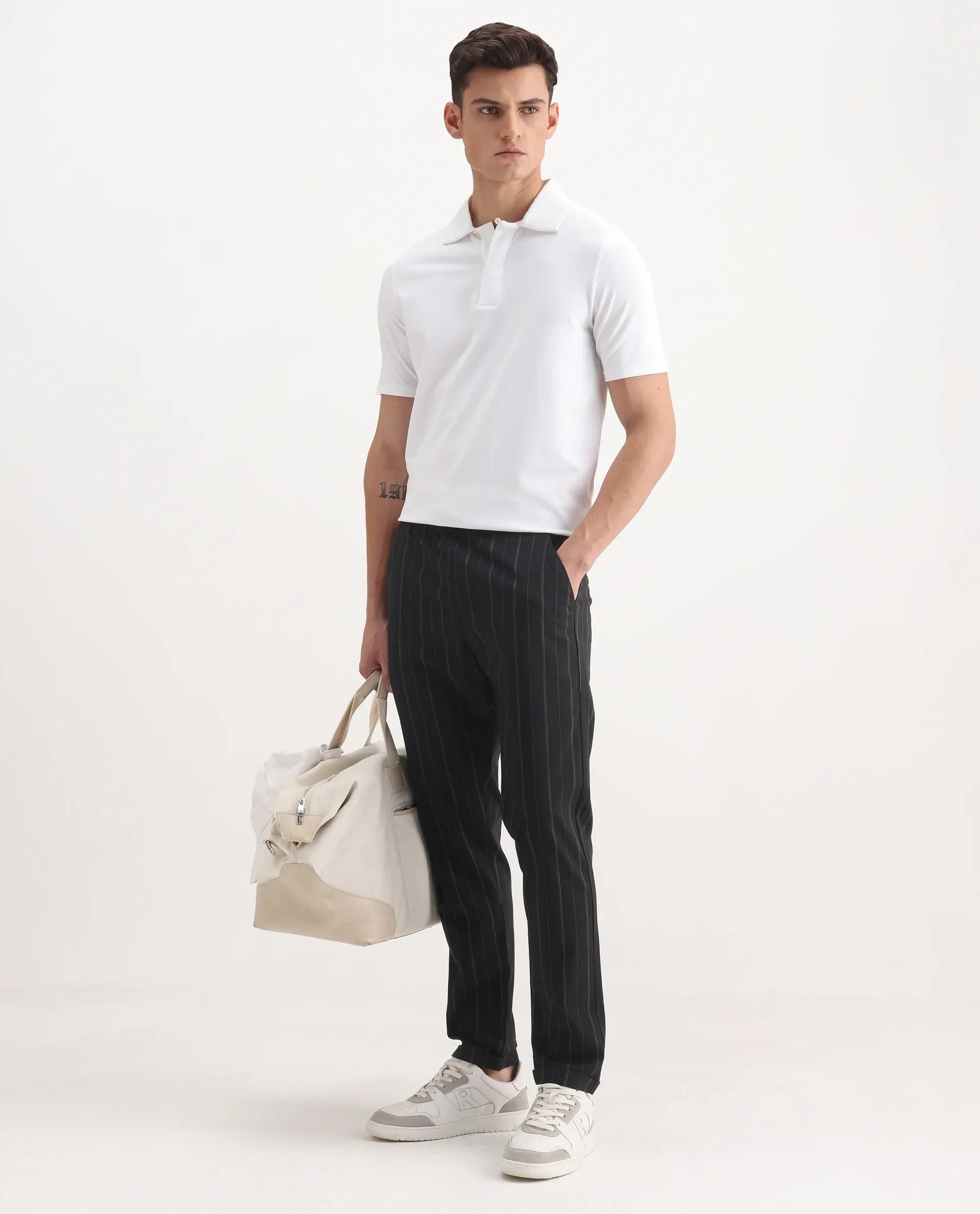 Rare Rabbit Men's Evita Black Cotton Striped Print Regular Fit Trouser