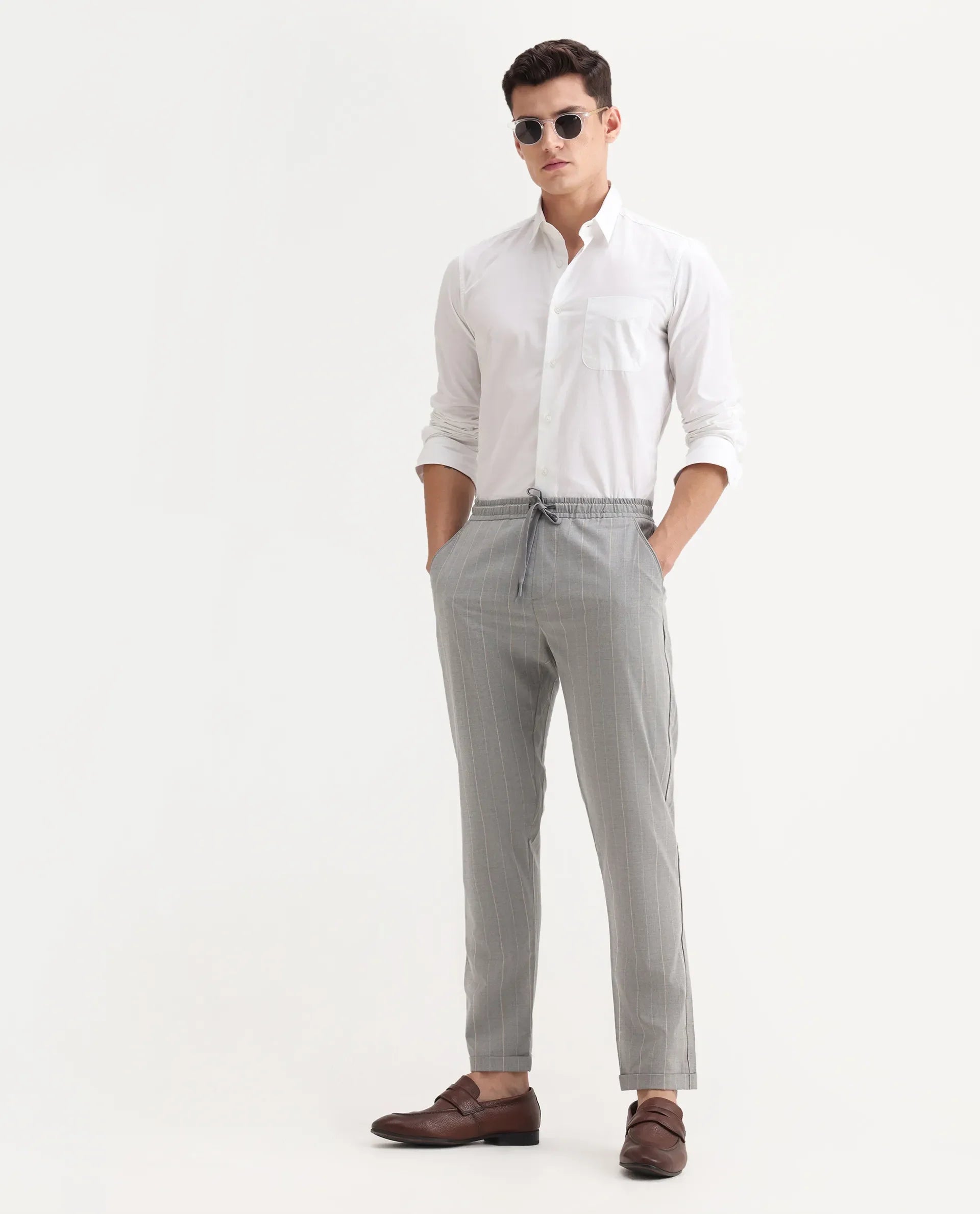 Rare Rabbit Men's Evita Grey Cotton Striped Print Regular Fit Trouser