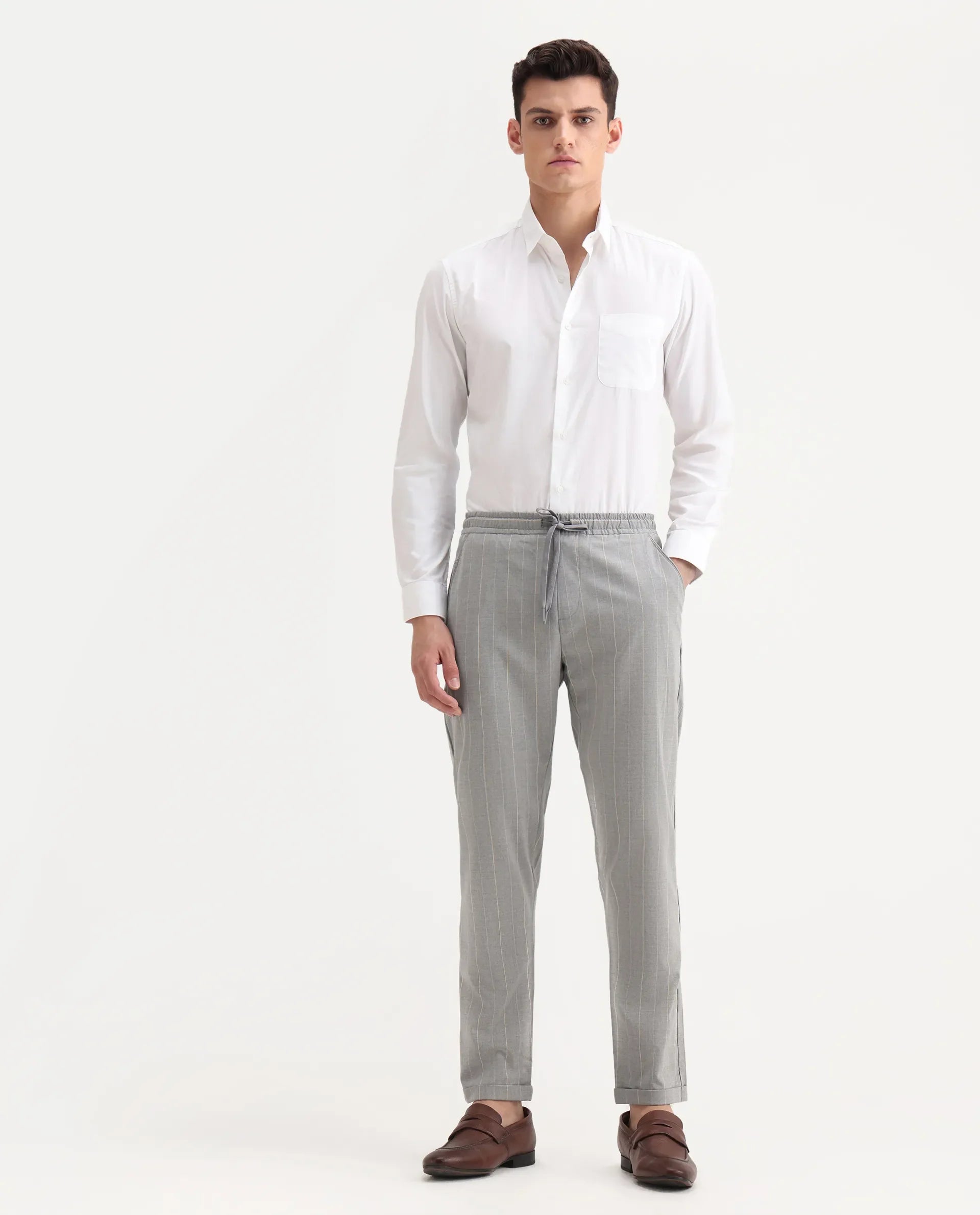 Rare Rabbit Men's Evita Grey Cotton Striped Print Regular Fit Trouser